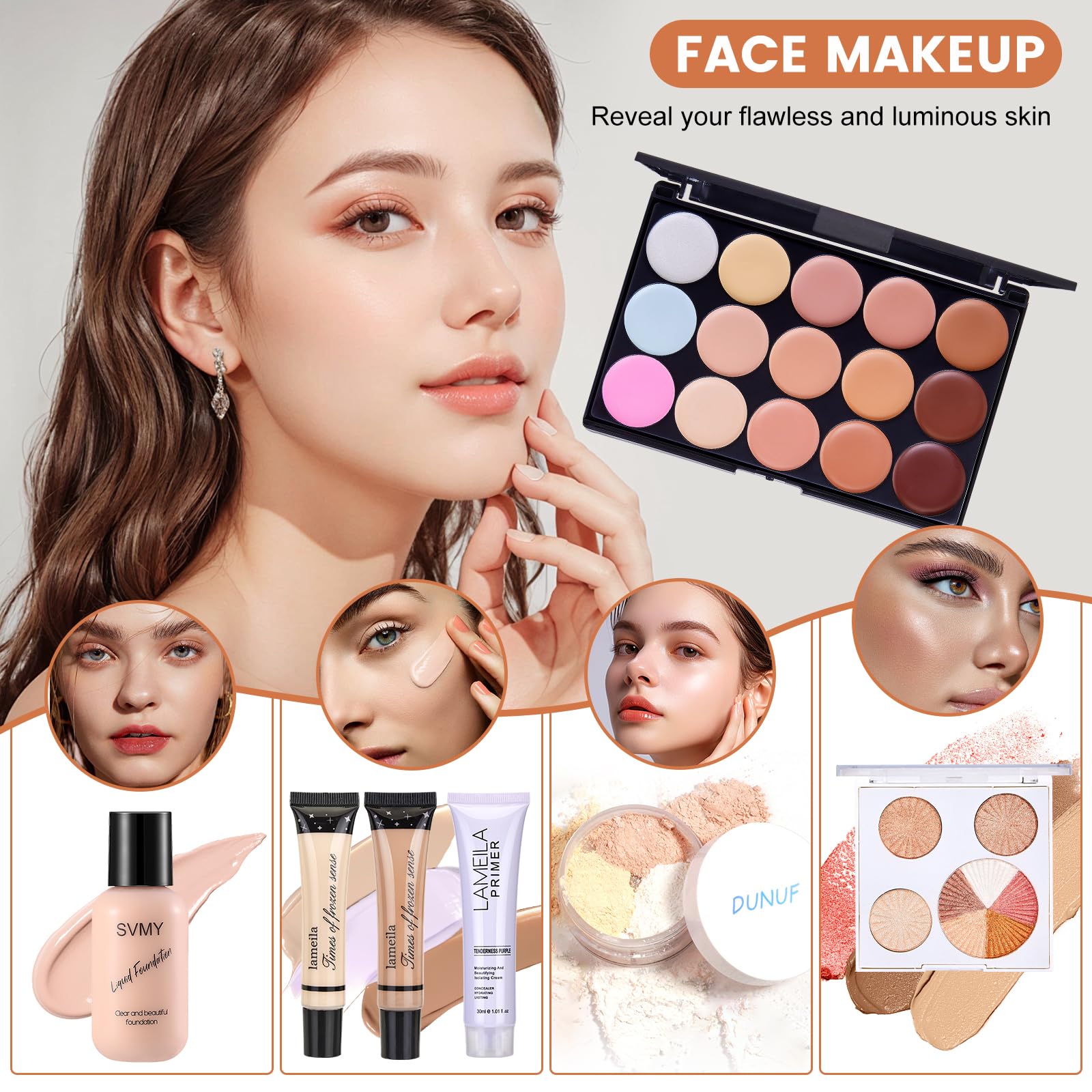 All in One Makeup Kit for Women with Foundation, Eyeshadow, Lipstick & Brushes