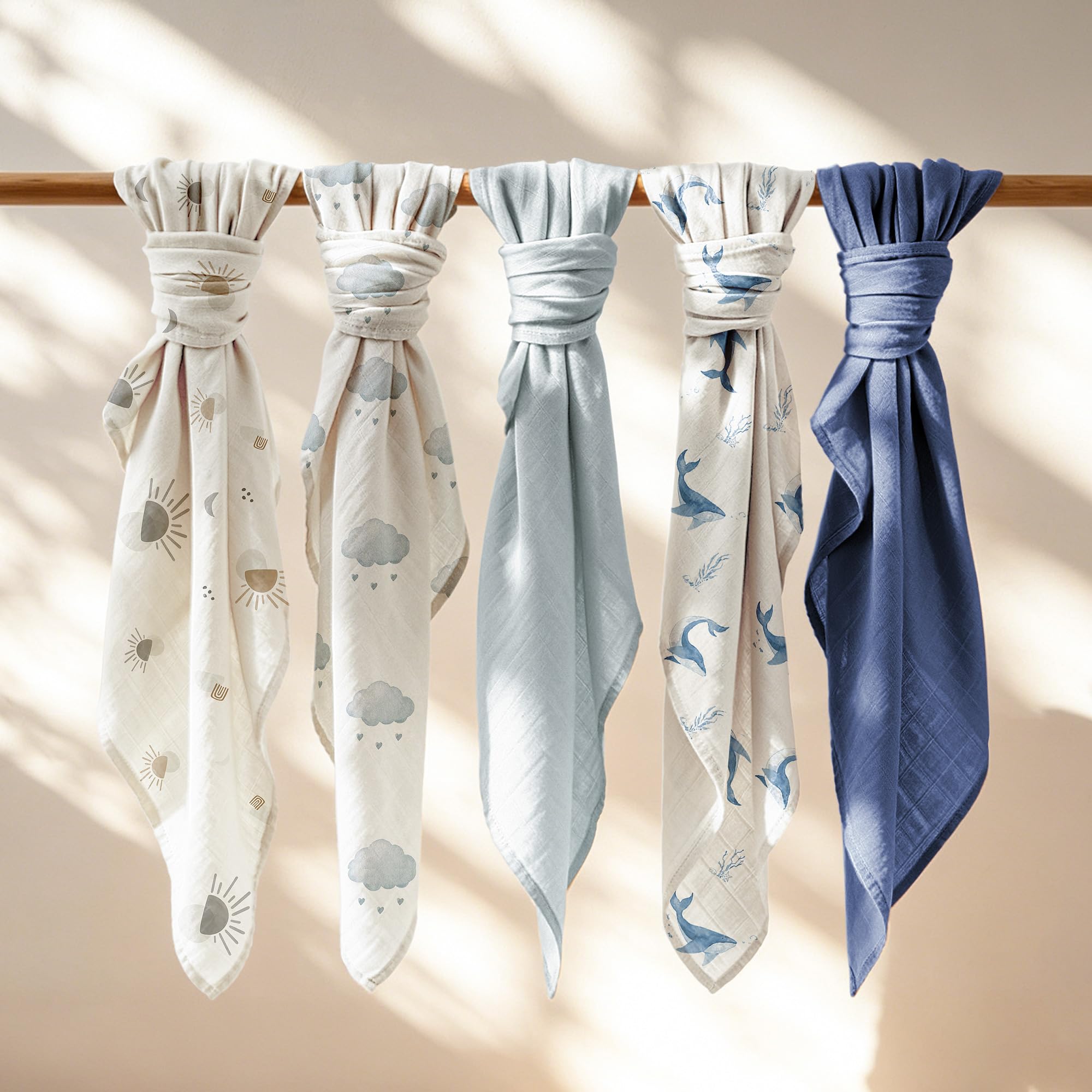 Bearmoss Panno in mussola per bambini, 5 pezzi, traspiranti e assorbenti, 60 cm x 60 cm, per il bagno, asciugare e pulire i neonati (balena blu)