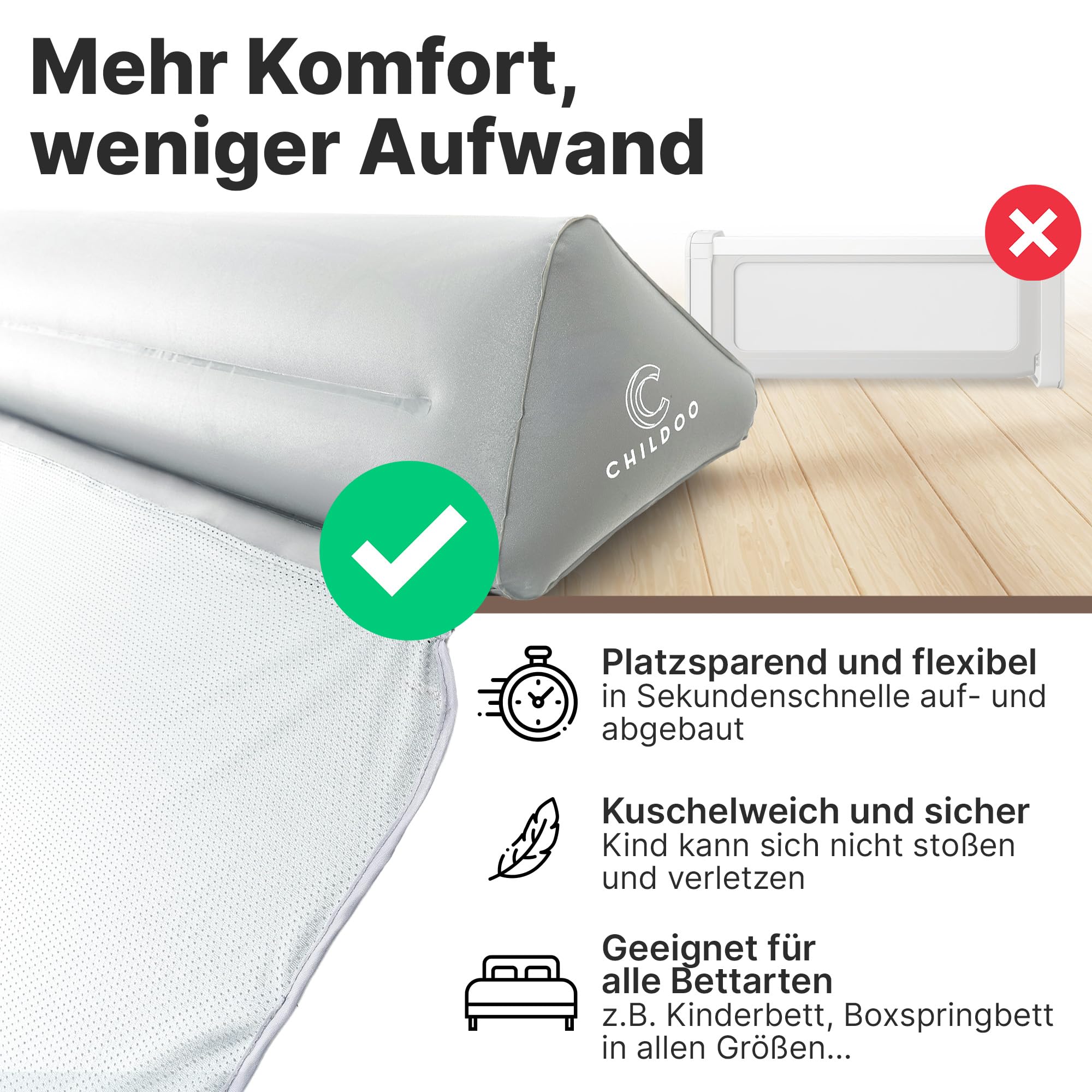 aufblasbarer Rausfallschutz Bett Reise für Kinder & Baby - Bettgitter Rausfallschutz für Boxspringbett 200cm - Bettschutzgitter Kinderbett Elternbett - tragbarer Fallschutz Bett Rausfallschutz