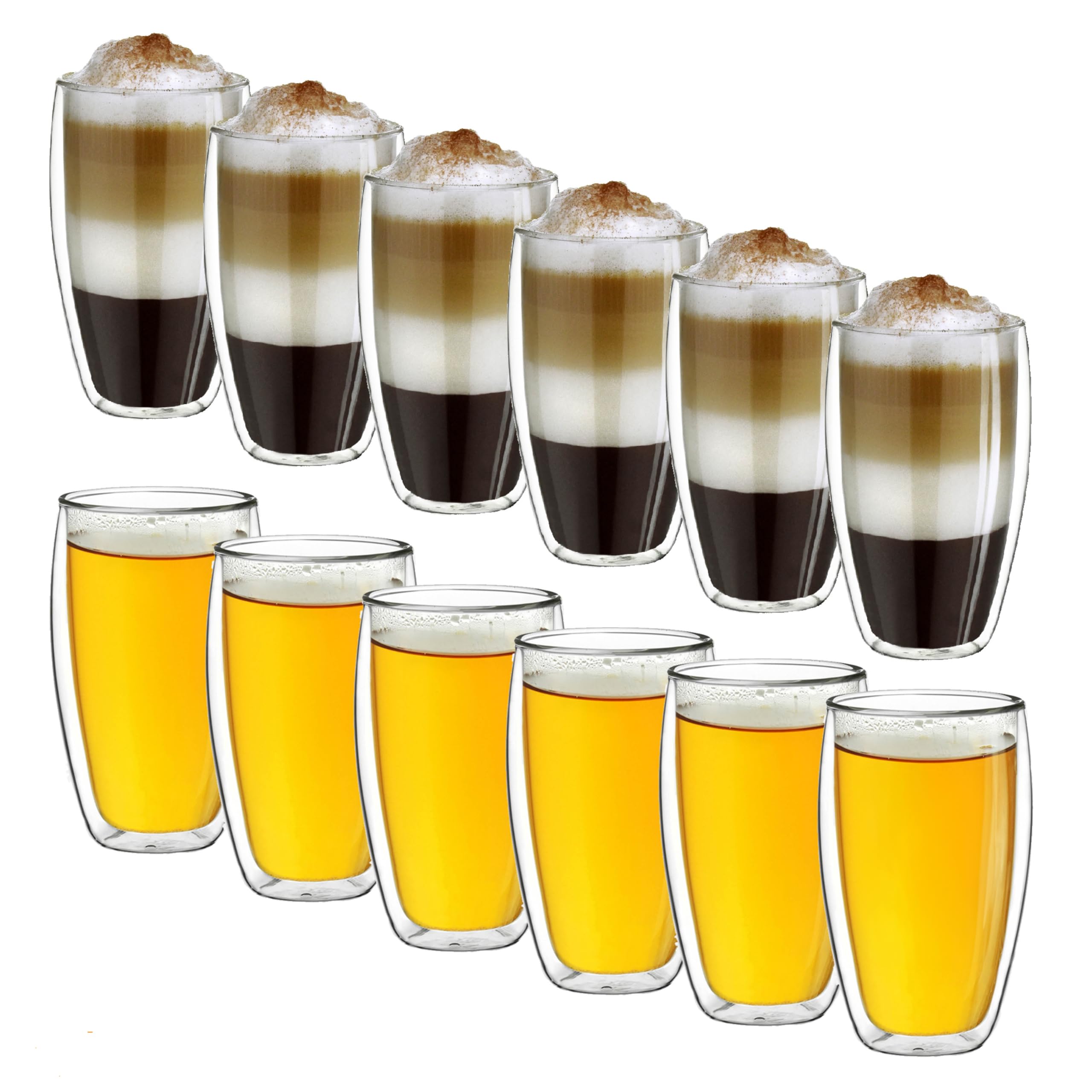 Creano Thermogläser doppelwandig 400ml „DG-SH“, 12er Set, große doppelwandige Gläser aus Borosilikatglas, Kaffeegläser, Teegläser, Latte Macchiato Gläser