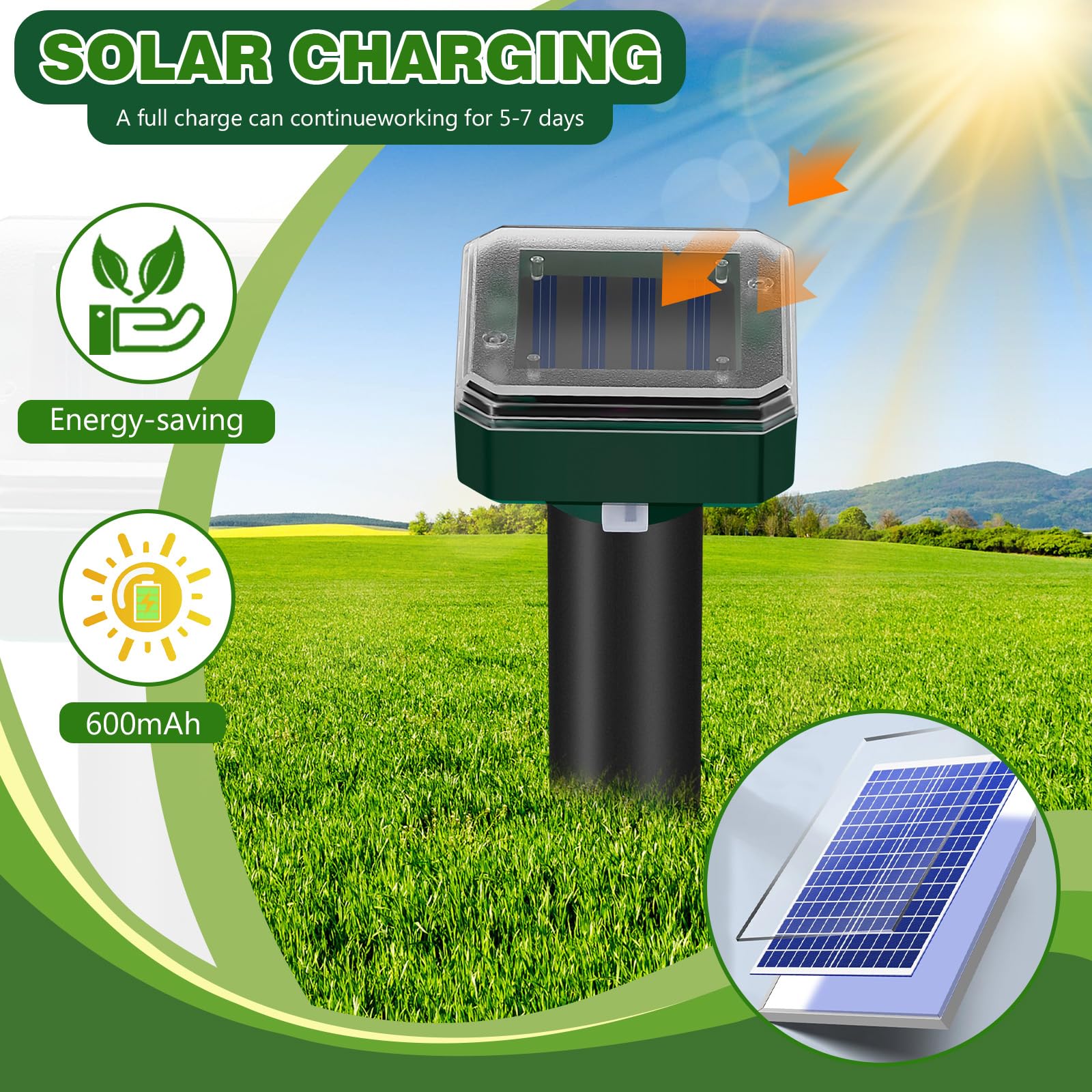 Scaccia Talpe Solare 4 Pezzi, Batteria Ricaricabile da 600mAh, Ultrasuoni Repellente Impermeabile per Talpe, Topi, Serpenti e Gopher, Efficace fino a 360 m², Ideale per Giardini, Prati e Aree Esterne