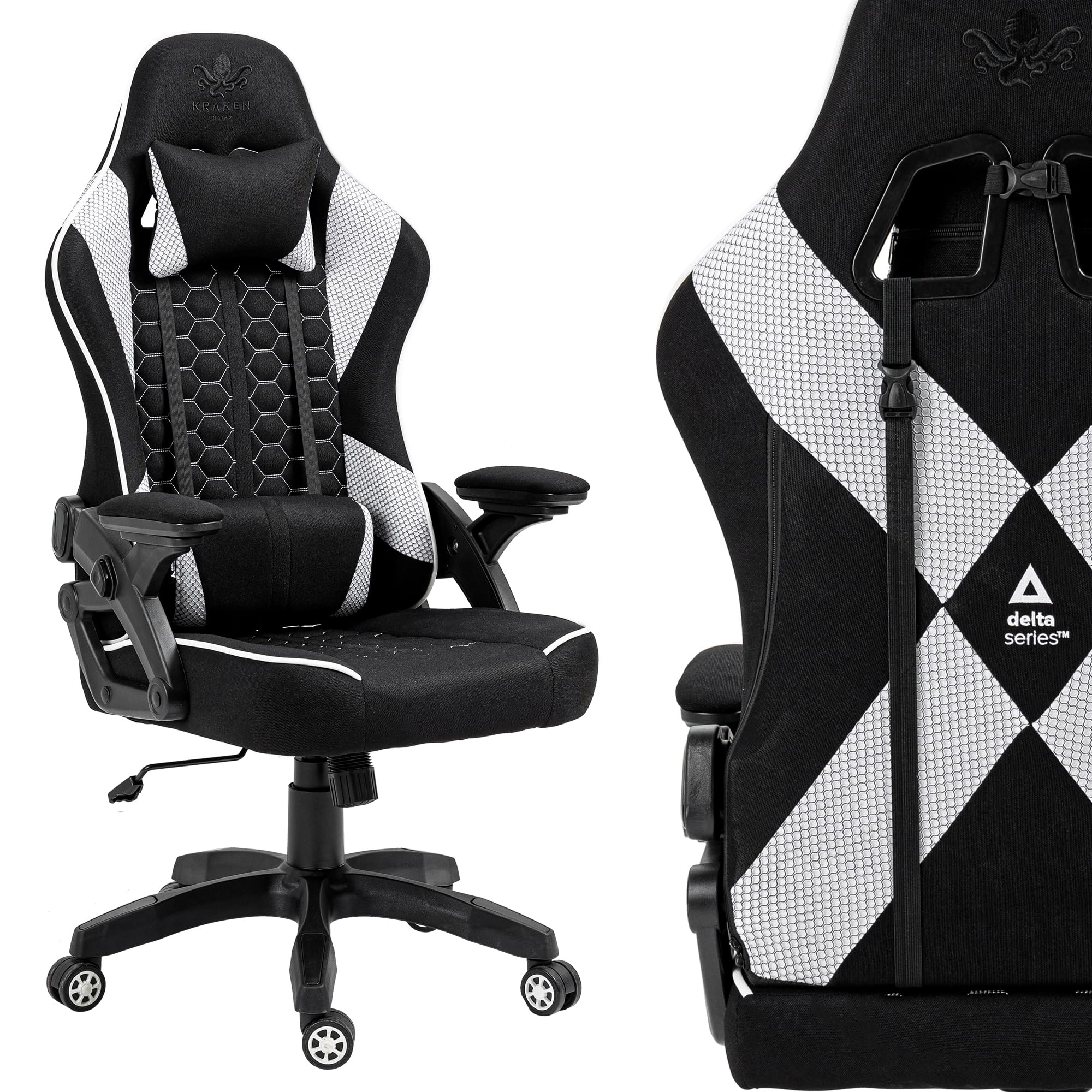 KRAKEN CHAIRS Silla Gaming de Tela Silla de Oficina Ergonómica Sillón Altura Ajustable Sillón giratoria reposabrazos Ajustable cojín Lumbar Negro-Blanco