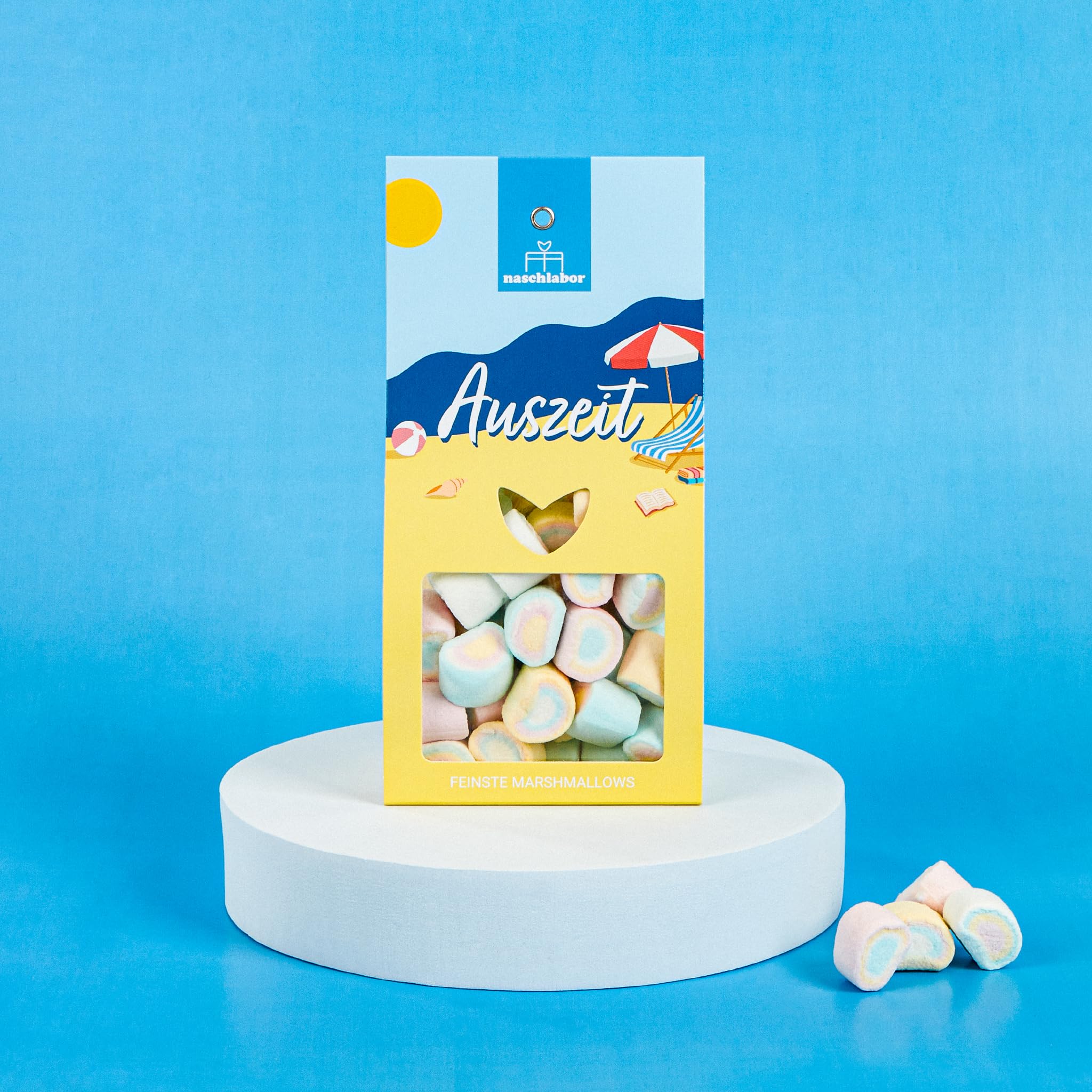 Auszeit Marshmallows 90g | Bunte, luftige Marshmallows mit Vanille-Geschmack | Sommerliches Geschenk für Entspannung & Genuss | Süße Auszeit für Strand- und Urlaubsgefühle