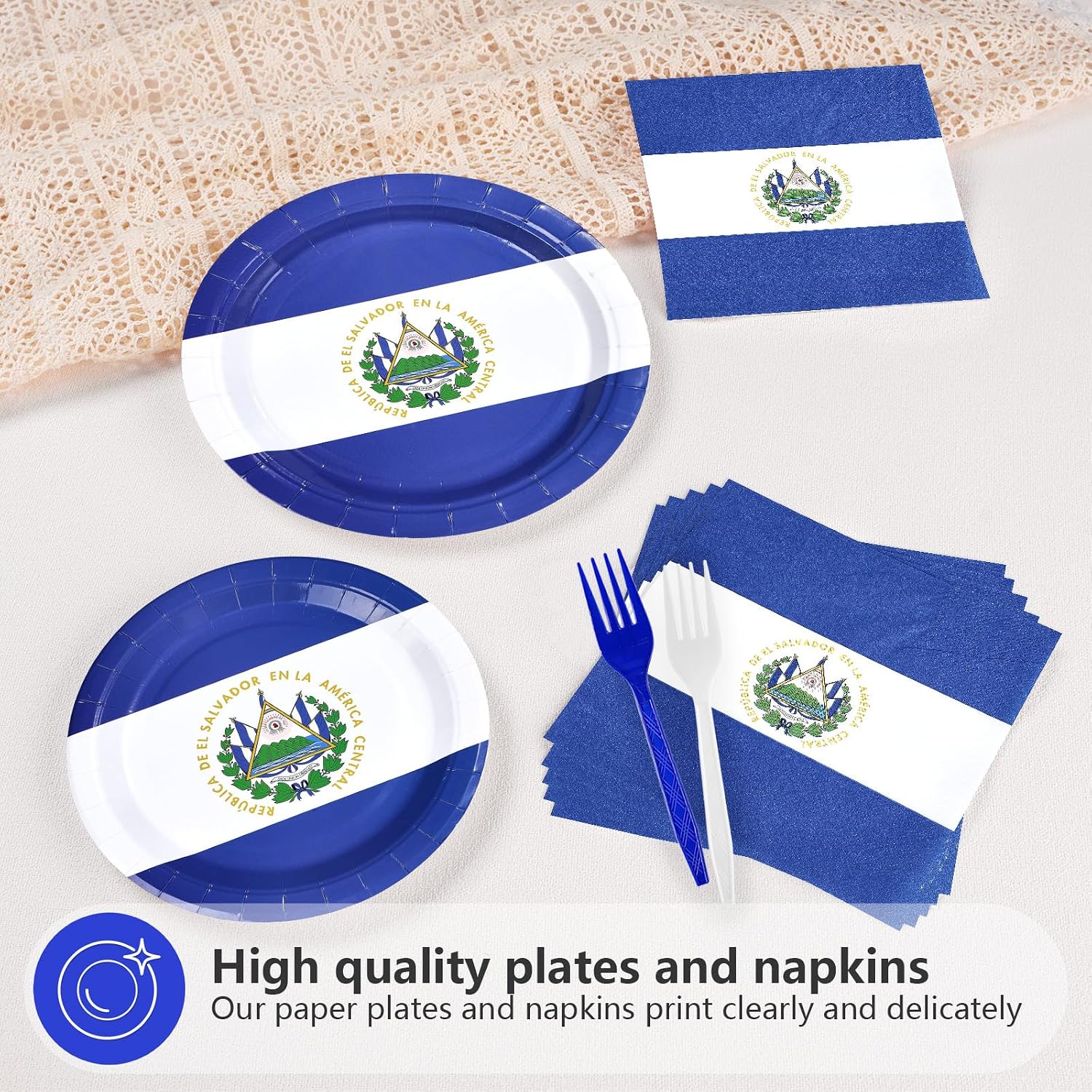 96Pcs El Salvador Flags Party Supplies Salvadoran Flag Plates and Napkins Blue white Flag Tableware Set for National Sports Events Patriotic Festival Birthday Party Supplies，Serves 24