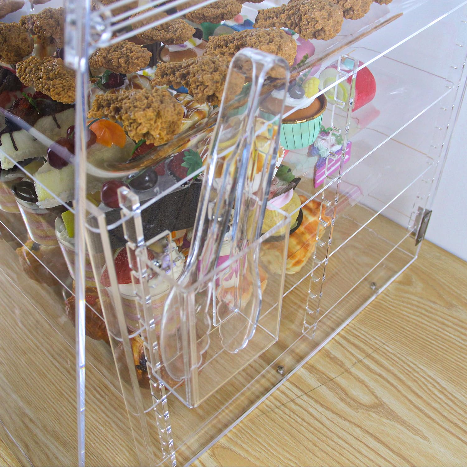4 vassoi trasparenti da banco per panetteria, 55,5 x 53 x 53,3 cm, vetrina rimovibile per pasticceria, armadietto per pane in acrilico con porte posteriori, alzata per torte e dessert