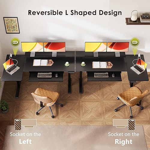 Miniatura 5 de OffiGo Escritorio eléctrico de pie en forma de L de 55 pulgadas con bandeja para teclado, escritorio de esquina reversible de altura ajustable con