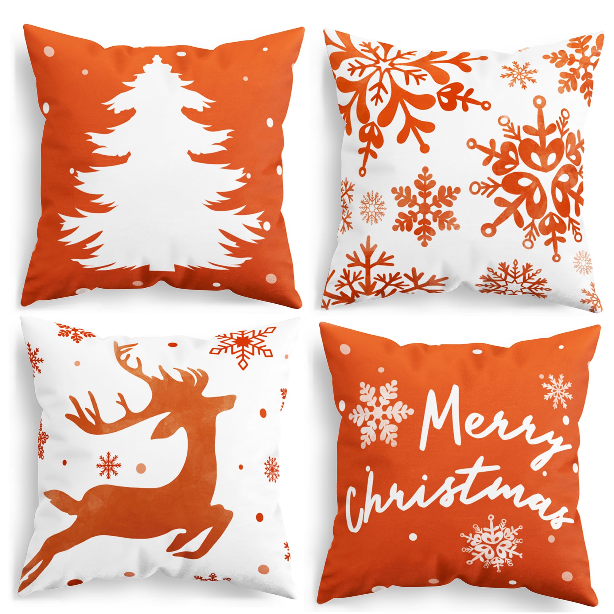 CaliTime Set di 4 federe decorative per cuscini natalizi, 40 x 40 cm, in morbido pile, motivo albero, cervo, fiocchi di neve, per divano, letto, soggiorno, casa colonica, arancione bruciato
