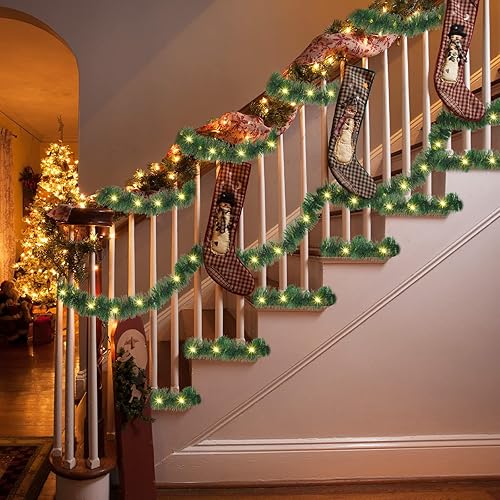 Miniatura 50 de Kingdder Guirnalda de oropel de Navidad de 16.4 pies iluminada metálica para decoración de árbol, funciona con pilas, 50 luces LED, guirnalda