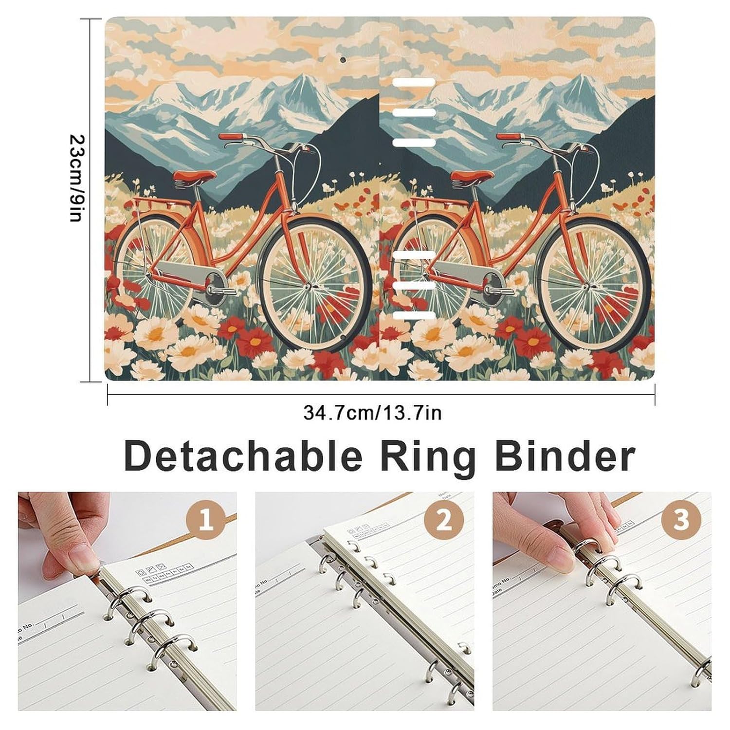 Cycling in Snowy Mountain Flower Fields Lined Spiral Journal Notebook 6 Ring Binder PU Cover Refillable for Work Note