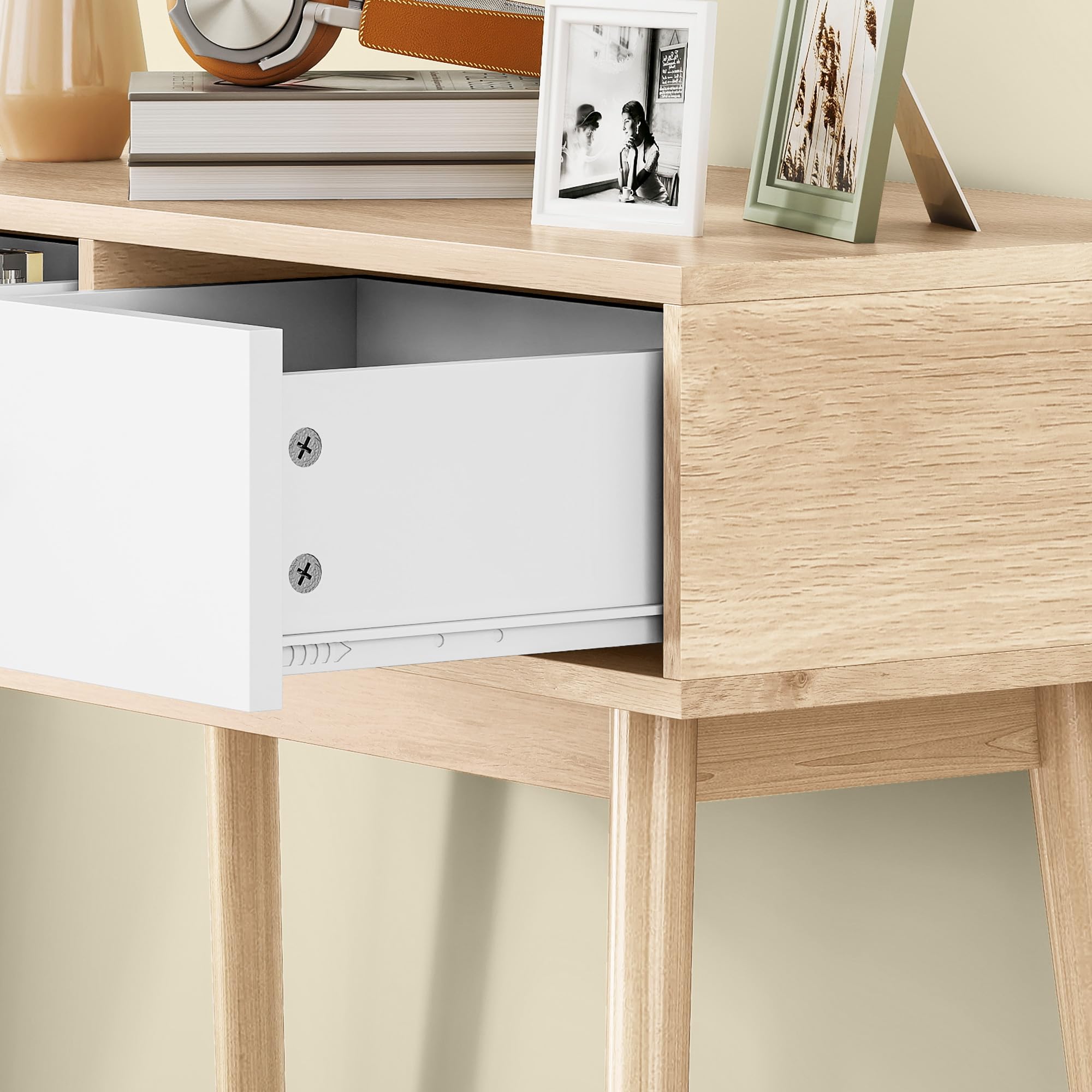 HOMCOM Mesa de Consola Estrecha Consola de Recibidor Mesa de Sofá con 2 Cajones Estilo Moderna para Pasillo Entrada Salón Dormitorio Roble