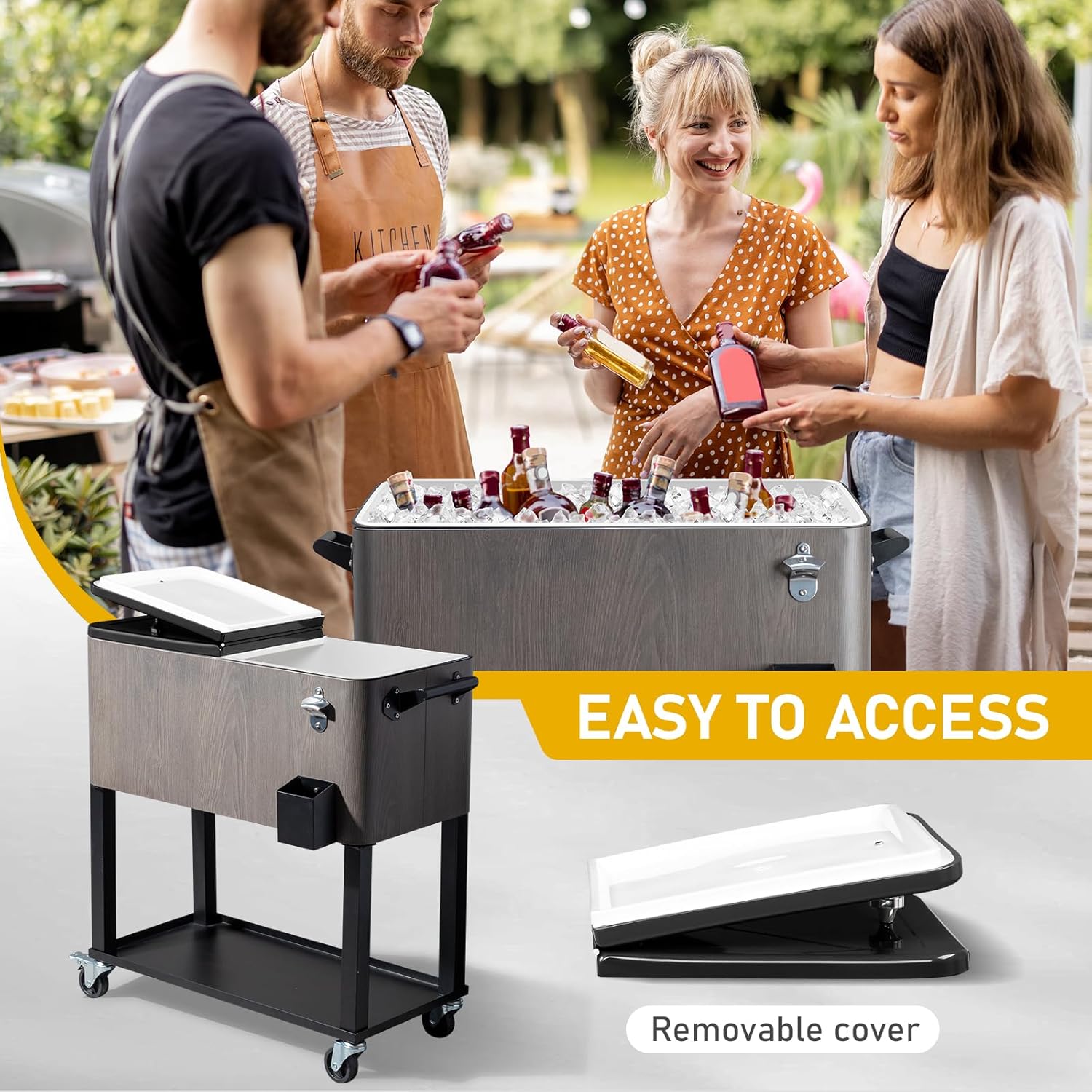 VINGLI Patio Cooler with Bottler Opener, 80 Quart Backyard Party Outdoor Cooler with Cap Catcher, Portable Ice Chest with Wheels for Patio, Gray