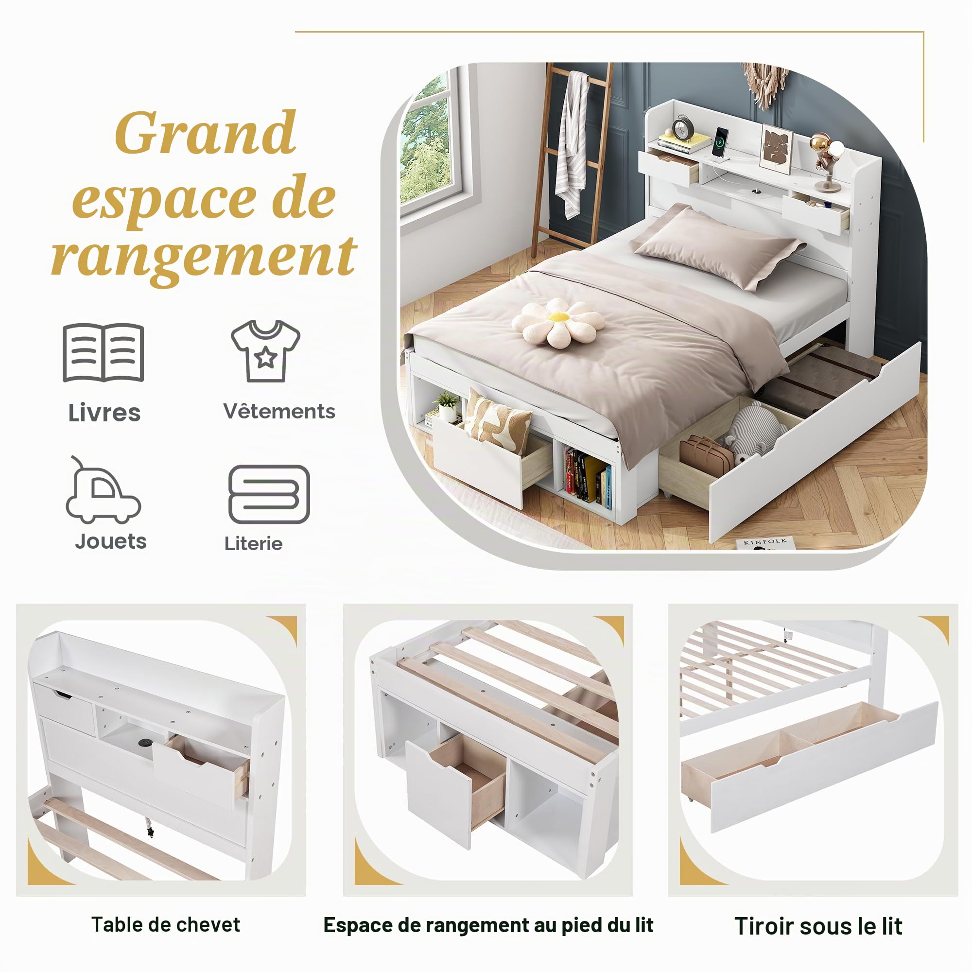 Sapgaks Lit Capitonné 90x200 avec USB, 3 Tiroirs et Meuble de Rangement 2 en 1, Simple 90x200 avec Tête, Lit Coffre 90x200cm avec Espace de Rangement, Blanc (sans Matelas)