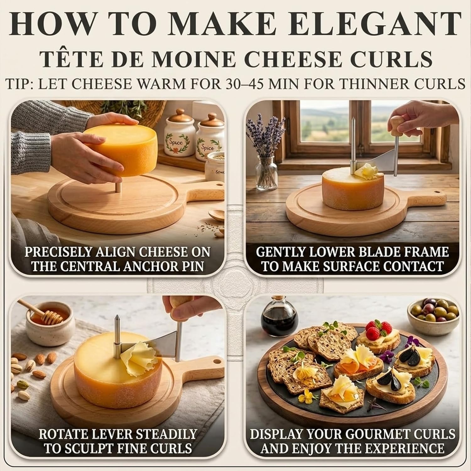Cheese Curler and Girolle for Tête de Moine, Professional Stainless Steel Cheese Shaver with Durable Wood Base, Manual Cheese Flower Maker for Charcuterie Boards