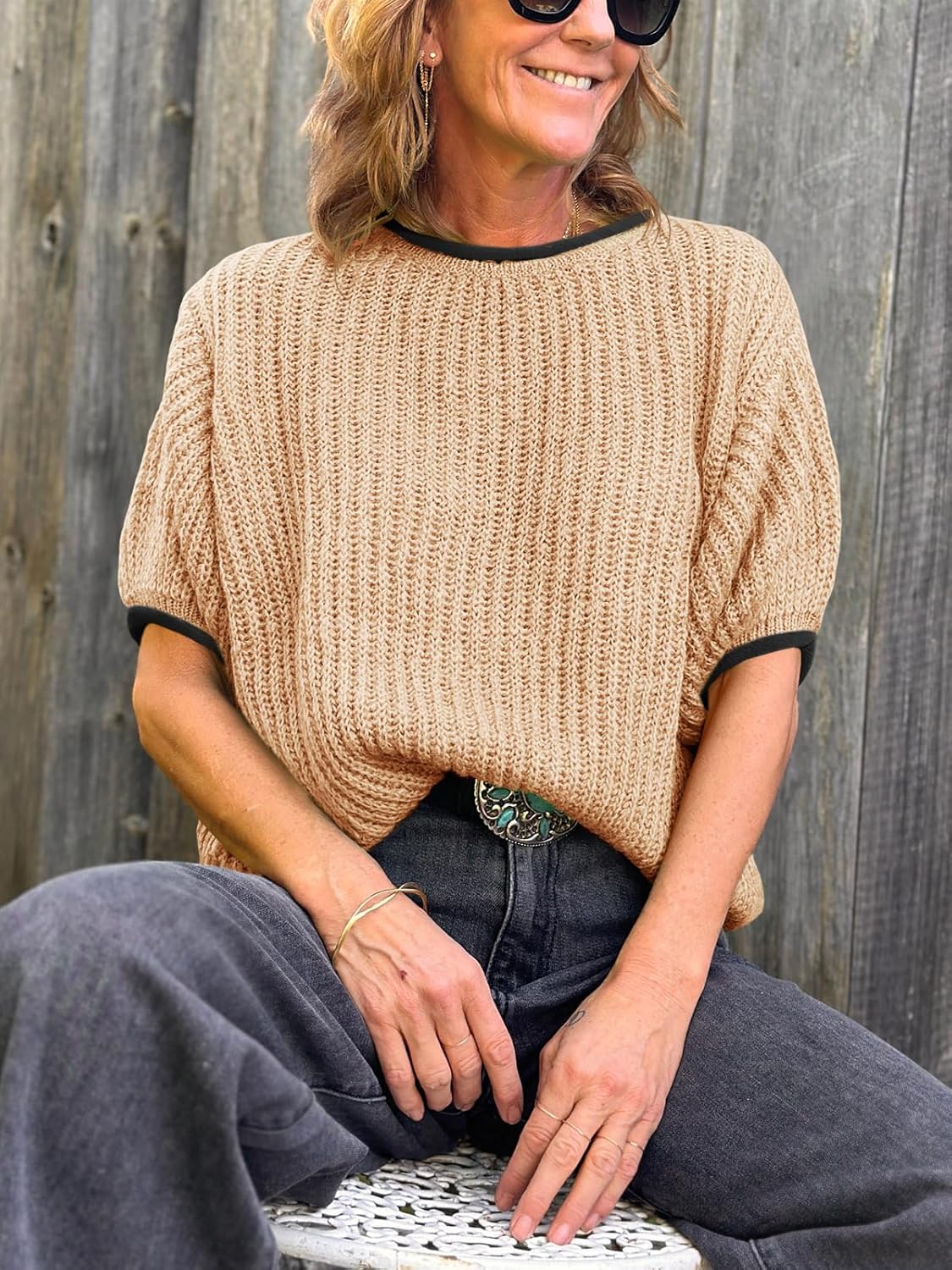 Saodimallsu Womens Puff Short Sleeve Sweater Tops Spring Summer Color Block Ribbed Knit Crew Neck Going Out Shirts - Image 3