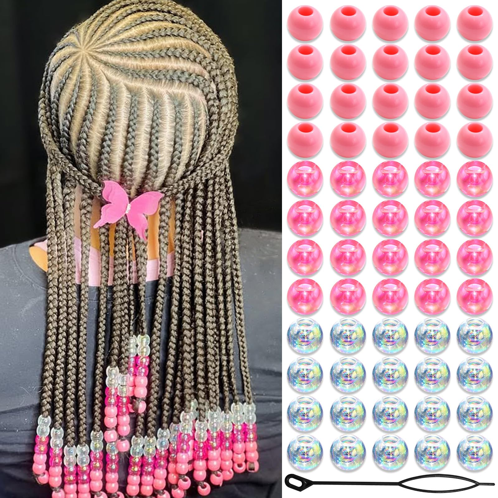 NAISKA 60Pcs Pink Hair Beads for Kids Girls White Clear Bead for Hair Acrylic Dreadlock Bead Cute Hair Beads for Braids Loc Jewelry Braid Clips