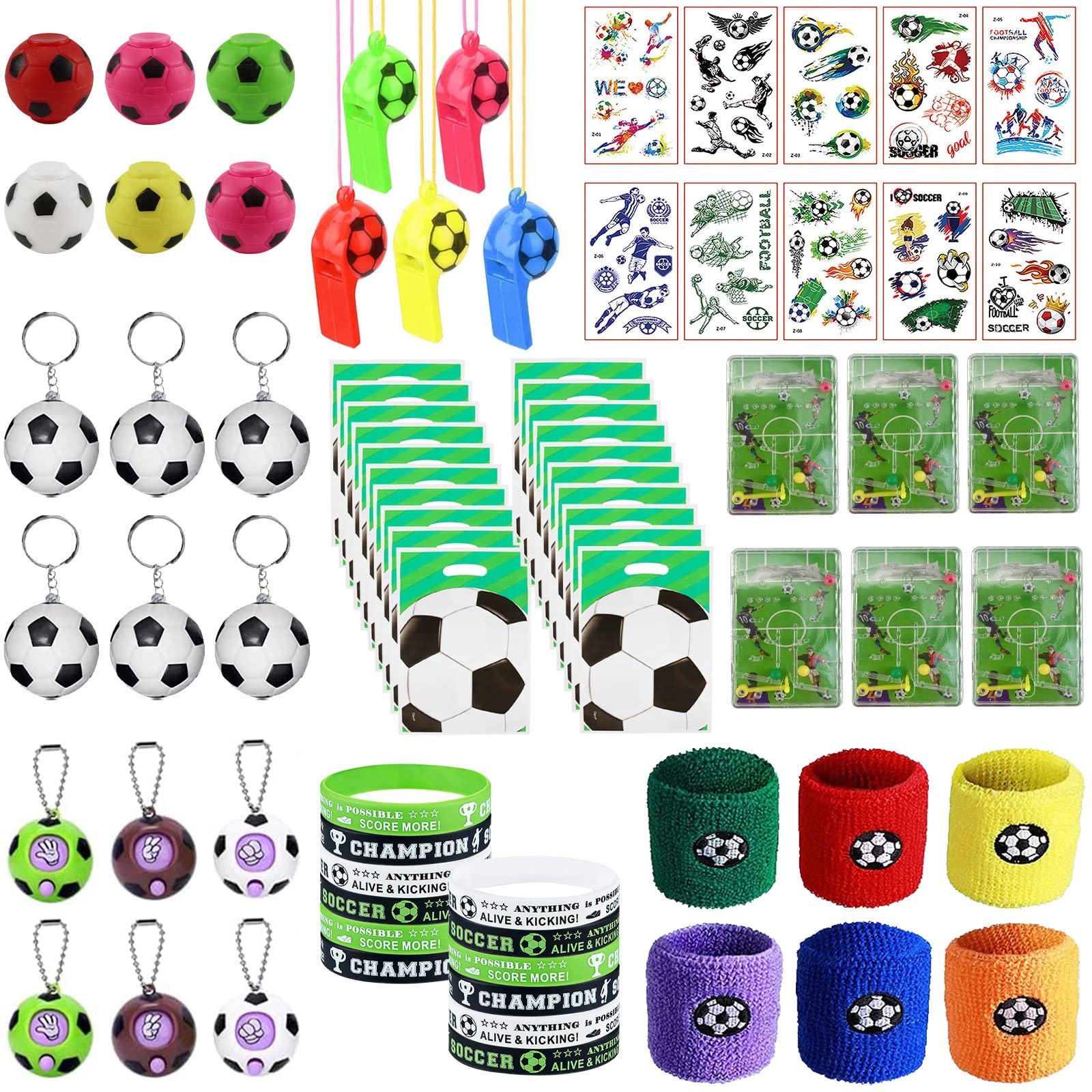 82 Pcs Soccer Party Supplies Soccer Theme Party Favors Set, Soccer Stress Ball Keychains, Silicone Wristband, Football Fidget Spinner, Pinball Game Football, Soccer Candy Bags for Birthday Party