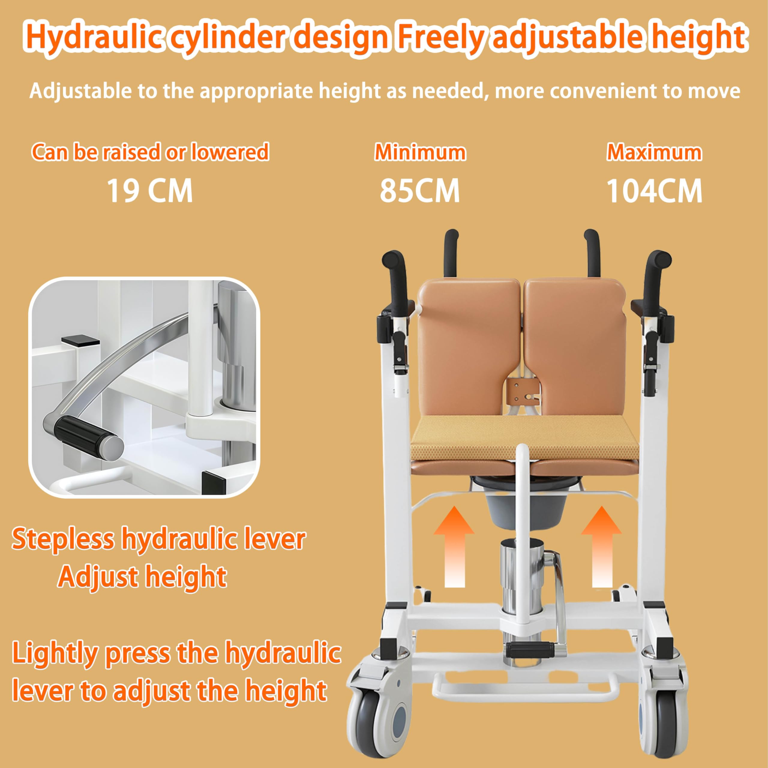 Hydrauliczne krzesło transferowe z dzielonym siedzeniem 180°, nośność 150 kg, do bezpiecznego przenoszenia łóżka pod prysznic dla osób starszych i niepełnosprawnych