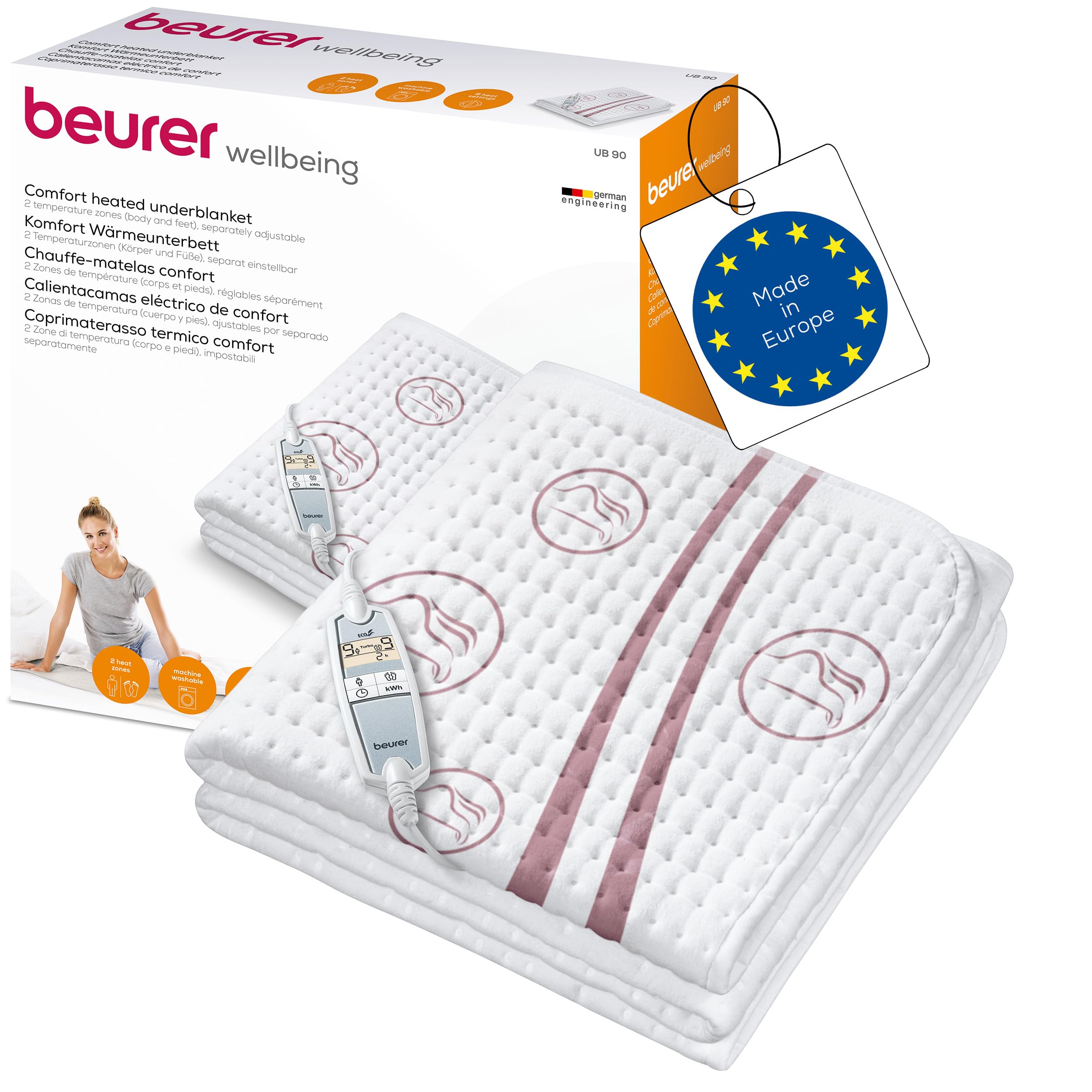 Beurer UB 90 Komfort Wärme-Unterbett, anschmiegsame Wärmebettunterlage mit zwei Temperaturzonen und je 9 Temperaturstufen, mit Rückschaltautomatik und Eco-Control, 150 x 80 cm, maschinenwaschbar