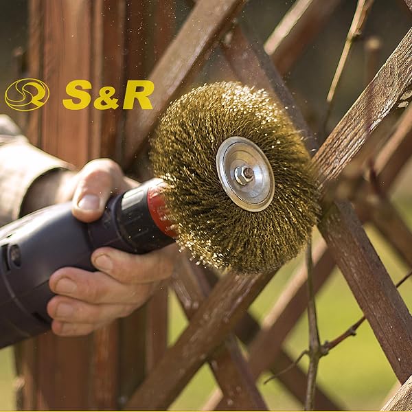 S&R Spazzole Metalliche in Acciaio Ottonato per Trapano. Set Spazzole Metalliche 7 Pezzi - Codolo 6 mm - Spazzola a Disco, Tazza e Tubo per Rimozione Ruggine, Vernice e Pulizia Metallo, Legno, Ferro. - 5