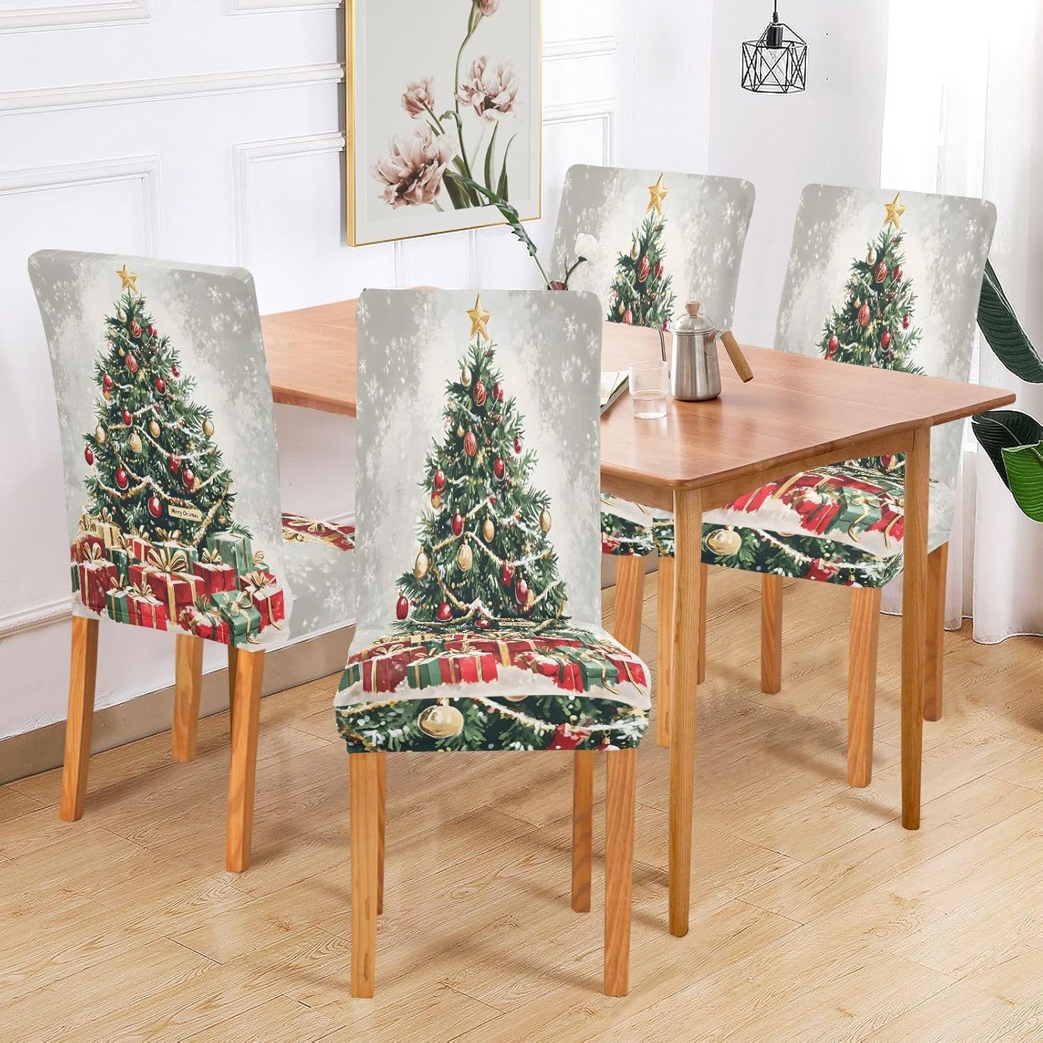 ALAZA Chair Covers for Dining Room, Oil Painting Christmas Tree Stretch Chair Cover Sets Chair Protector Removable Washable for Ktichen Restaurant Hotel