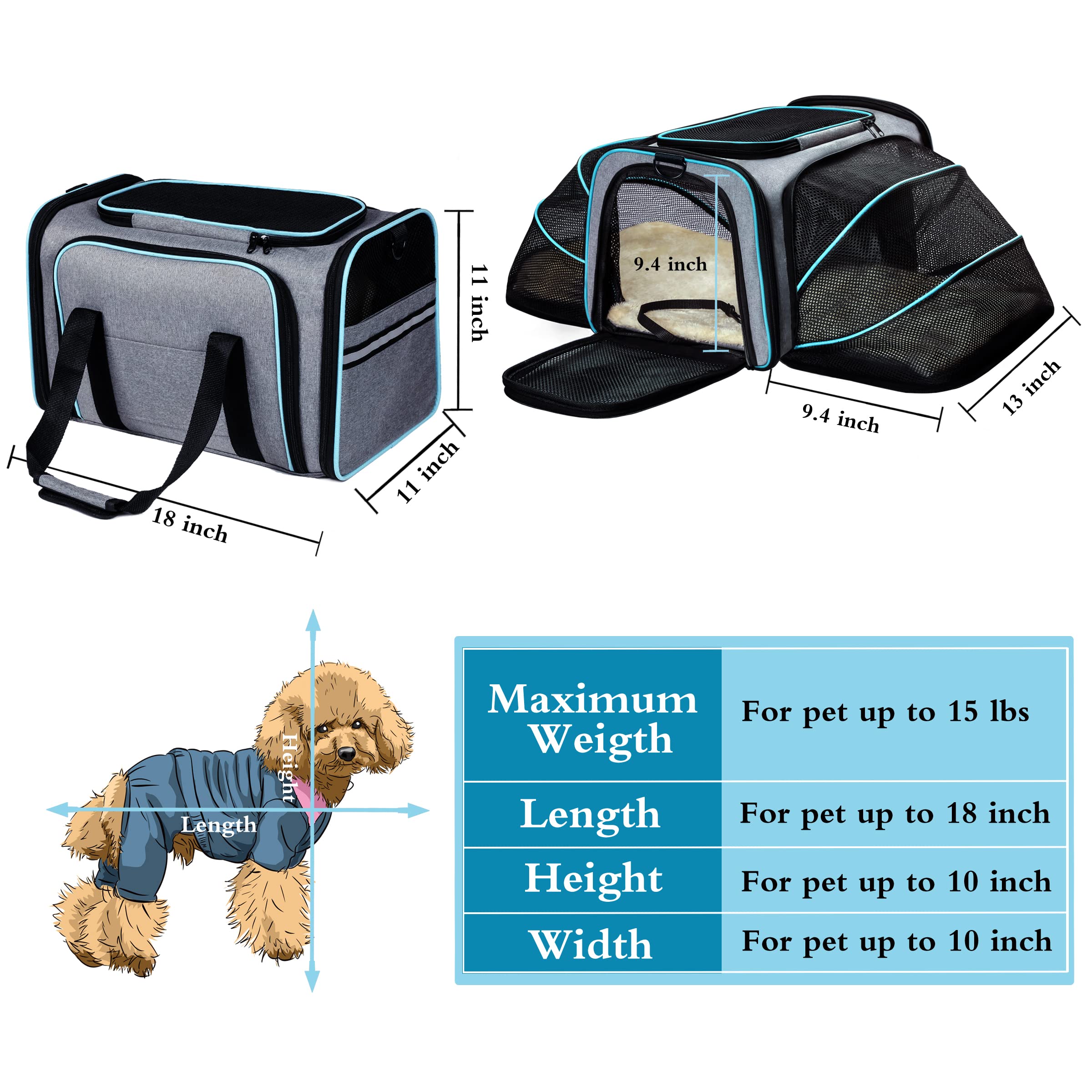 Cat Dog Carrier, Airline Approved Expandable Soft-Sided Pet Carrier with Removable Fleece Pad and Pockets - Image 2