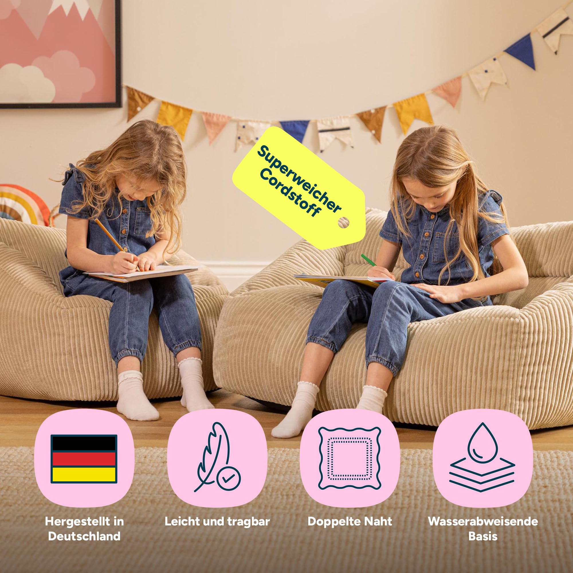 Icon Natalia Kinder Sofa mit Sitzsack, Beige, Flauschiger Cord Stoff, Sitzsack Cord mit Füllung, Bequemer Kinder Sessel, Kuschelsessel, Lese Sessel, Schlafzimmer, Kinderzimmer, Jugendzimmer