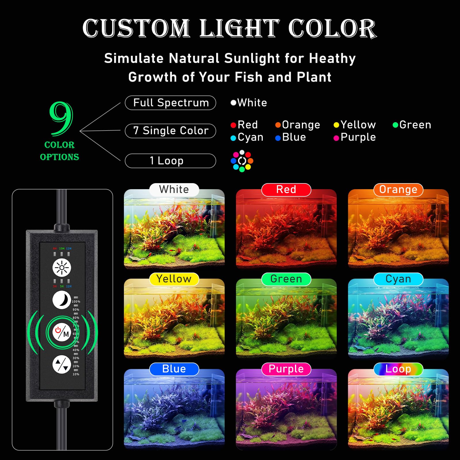 hygger luce acquario, lampada acquario led, illuminazione acquario con controller, 3 modalità con timer, 9 colori, luminosità 10, supporti estensibili, 16W, 30-45CM (40W (90-106cm))