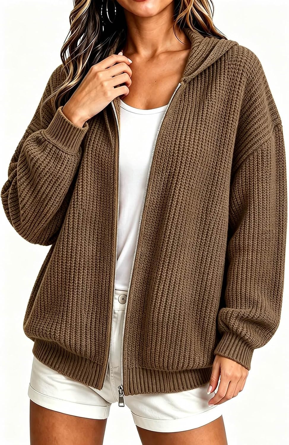 Women's Knit Cardigan Hooded Zip Front Casual Long Sleeve Sweater