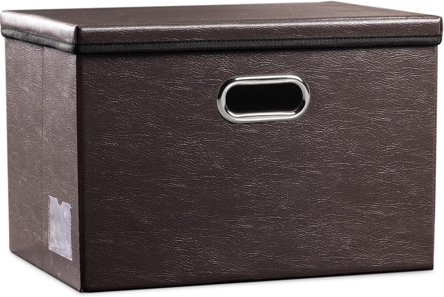 PRANDOM Large Collapsible Storage Bin with Lid [1-Pack] Leather Fabric Foldable Storage Box Organizer Containes Basket Cube with Cover for Home Bedroom Closet Office Nursery Brown (17.7×11.8×11.8)