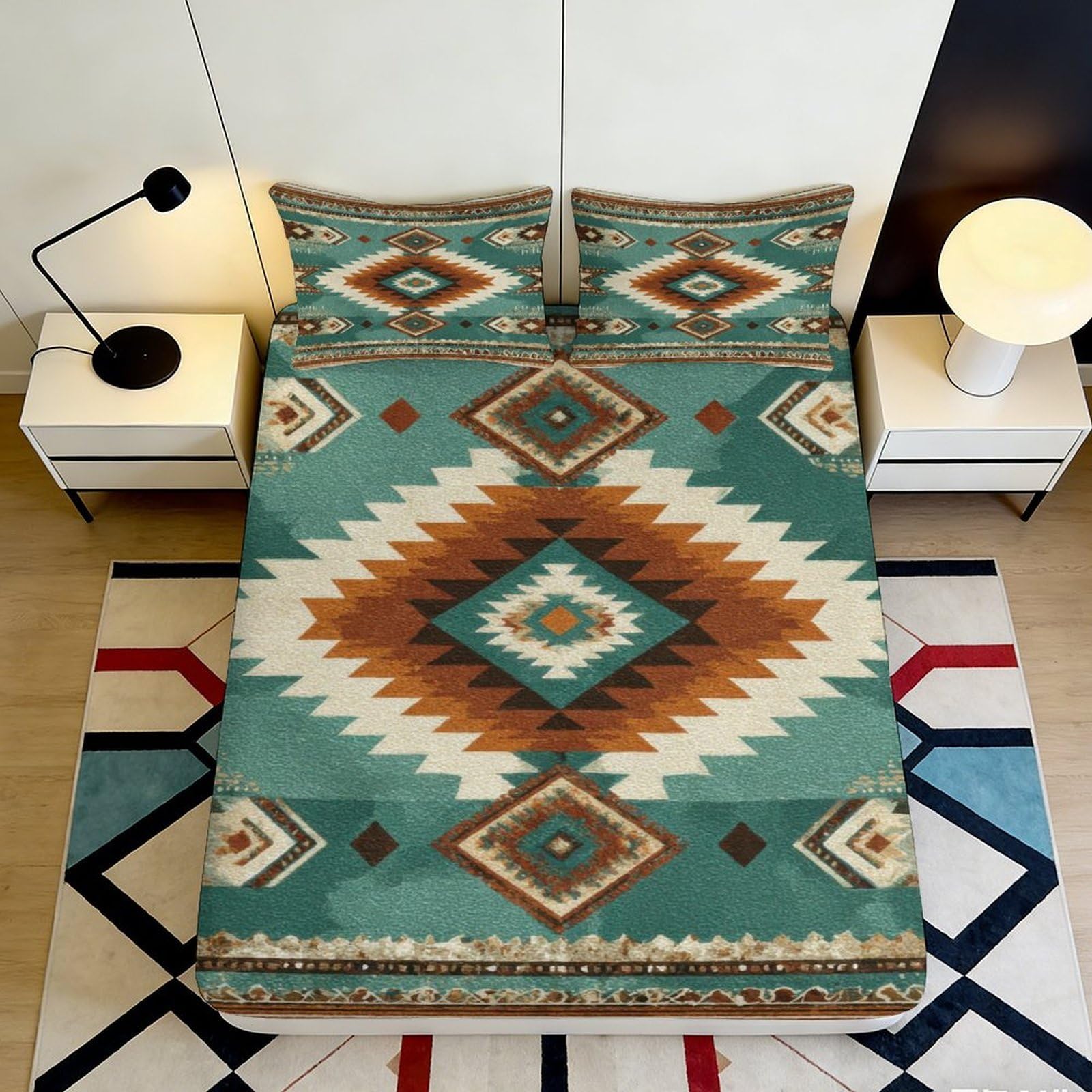 3D Printed Aztec Tribal Fitted Sheet Microfiber Soft Breathable Geometric Diamond Mattress Cover for Bedroom Decor 160x200x25cm