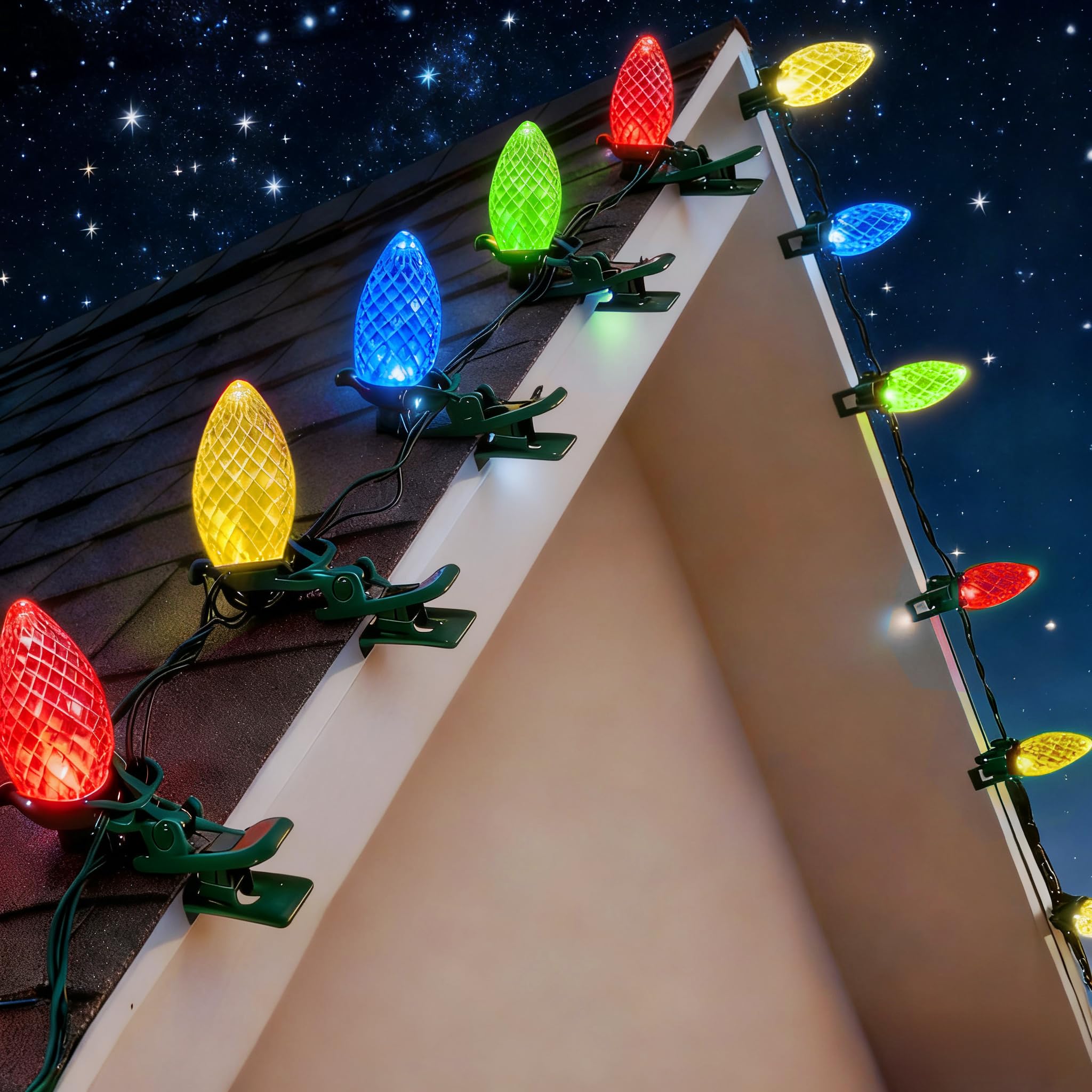 Photo 1 of Dazzle Bright C9 Christmas String Lights, 100 LED 66 FT Waterproof Connectable Fairy Lights with 100 Spring Clips Timer, Christmas Decoration for Outdoor Roofline Home Garden Yard Tree (Multi-Colored)