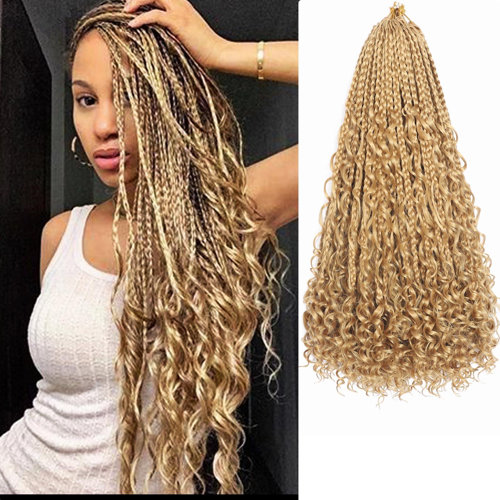 Flagship Goddess Box Braids Crochet Hair 18 Inch 9 Packs Boho Crochet Braids with Curly Ends,Bohomian Pre looped Box Braids Crochet Hair for Black Women-27#