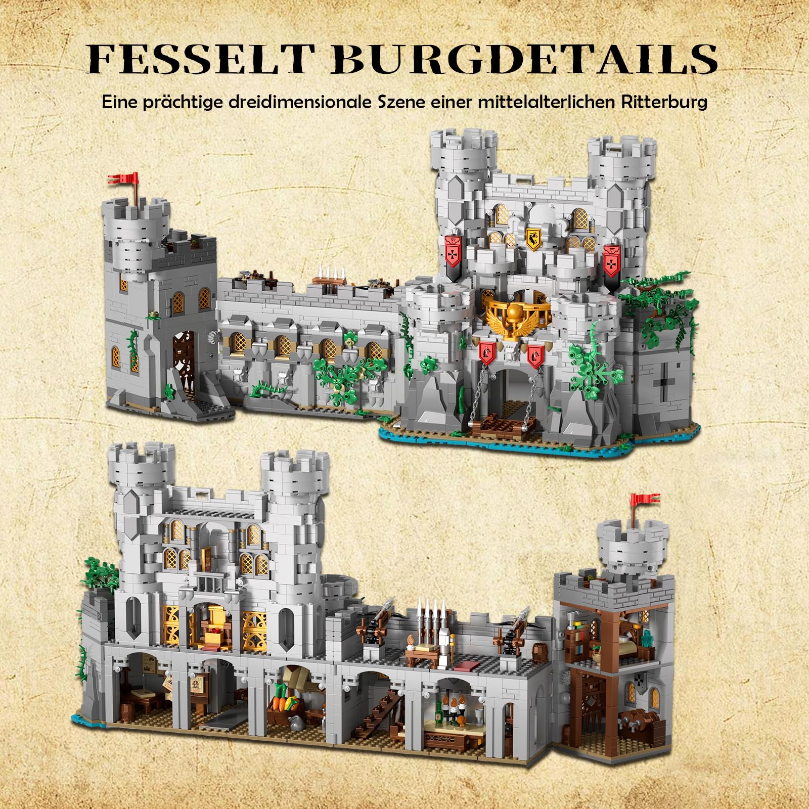 2 in 1 Mittelalter Ritterburg Bausteine Set, Klemmbausteine Haus Schloss Architektur Castle Modular Building für Erwachsene (2484 Teile)