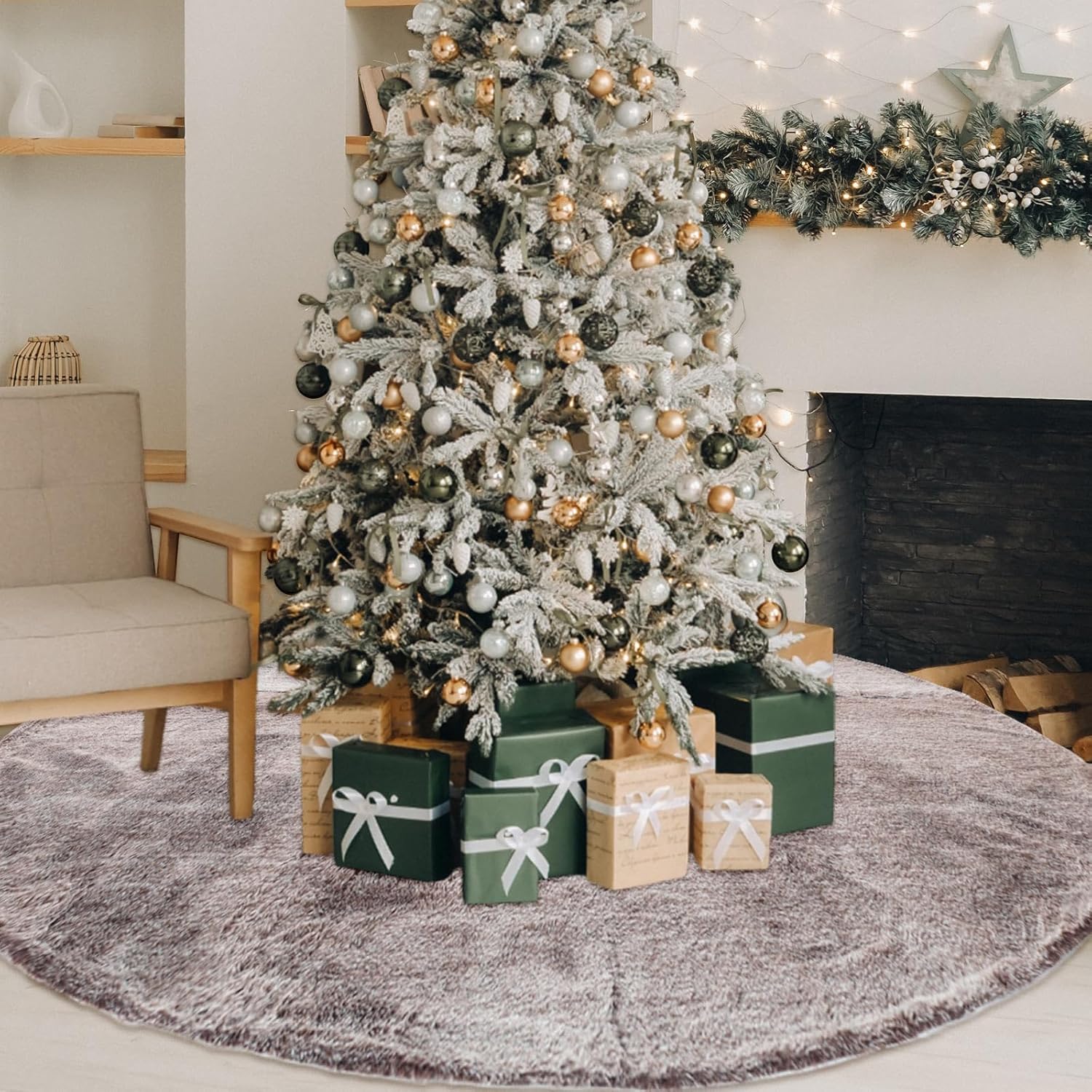 Jenaai 80 Inches Large Christmas Tree Skirt Extra Faux Fur Xmas Tree Skirt Pink Plush Velvet for Christmas Decorations for Home Winter Holiday Party