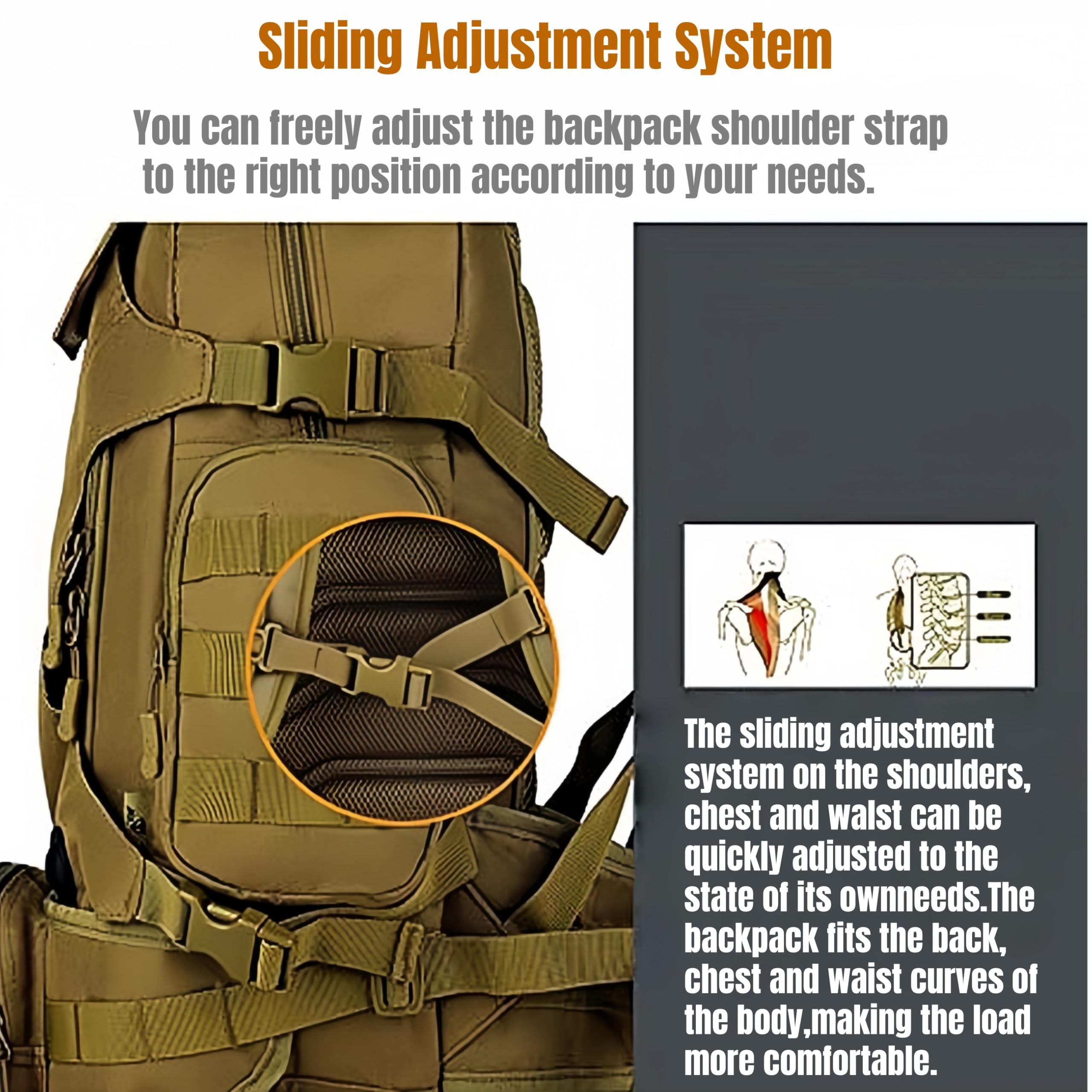 Zaino tattico impermeabile da 40 litri con system MOLLE e marsupio staccabile - 3 modi di trasporto per escursionismo, campeggio, viaggi (Khaki)
