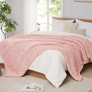 L'AGRATY Chunky Knit Blanket Throw: 80''x90'' Chenille Chunky Knitted Throw Blanket for Bed Couch - Handmade Thick Big Cable Knit Blanket - Large Chunky Crochet Rope Blanket for Home Decor(Pink)