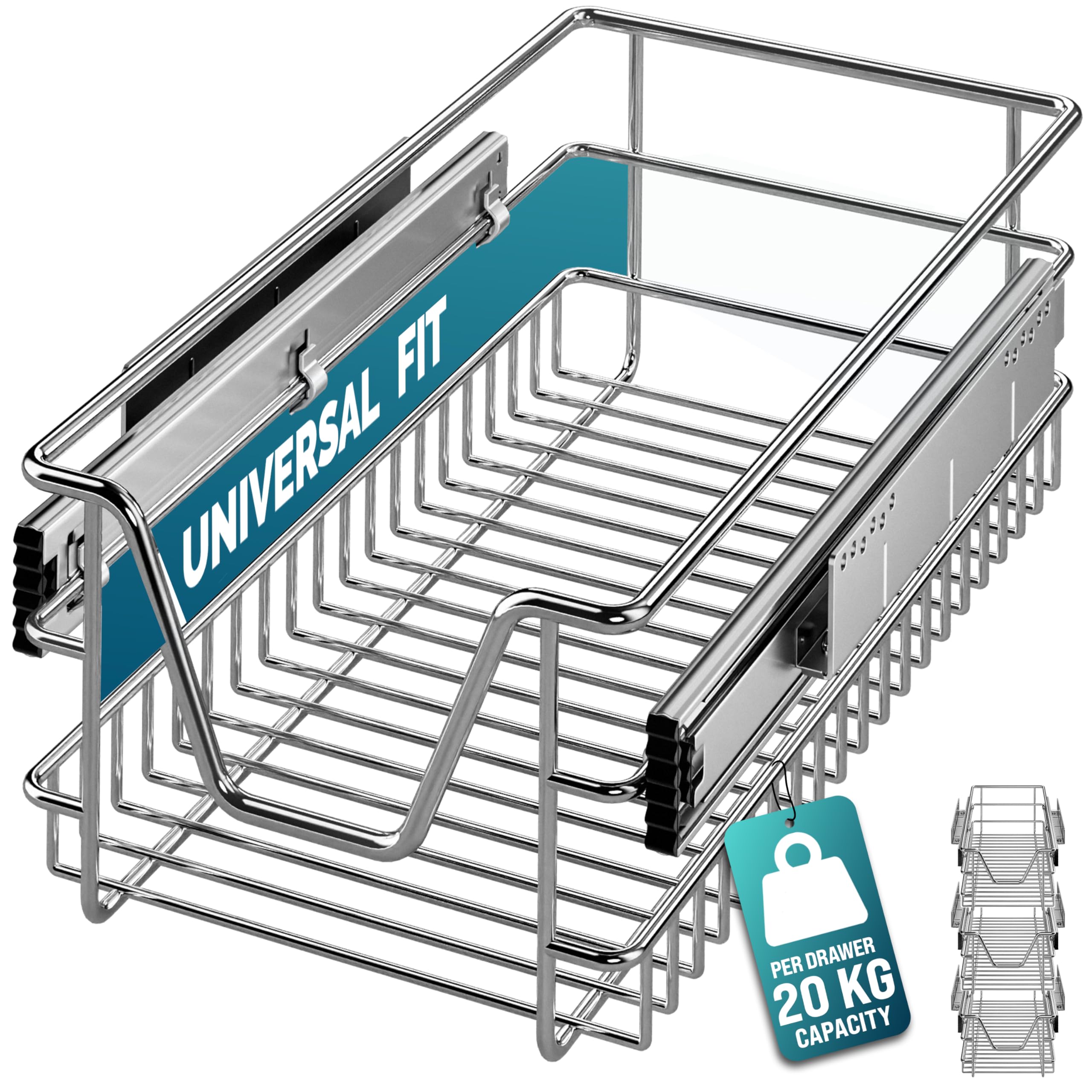 – CASARIA® 3x Pull Out Telescopic Kitchen Drawer | For 30cm Units - 26cm Internal Cabinet Dimensions | Chrome-Plated | 20kg Load Capacity | Basket Shelf Organiser Storage Space Saving