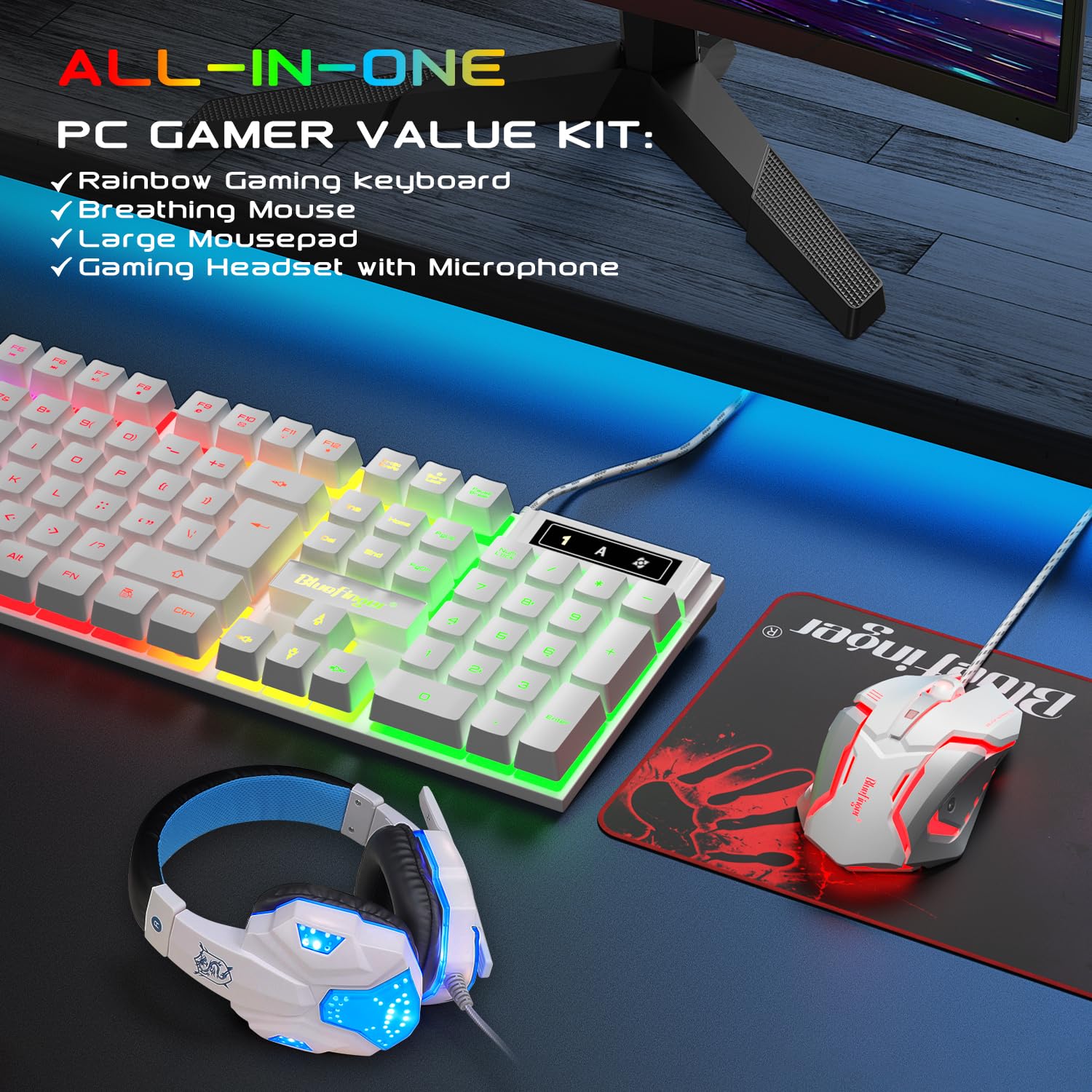 BlueFinger Tastiera da gioco RGB e mouse retroilluminato e combinazione, tastiera retroilluminata con cavo USB, set di mouse da gioco a LED, cuffie con microfono per computer portatile, PC, giochi e