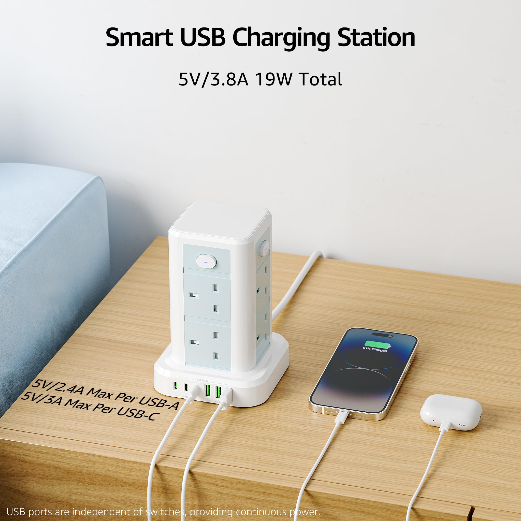 Tower Extension lead with USB Slots, Toomke 8 Way (13A/3250W) Plug Extension Socket Tower with 3 USB C and 3 USB A, Overload Protection Extension Cord with 4 Independent Switches, Power Cord 1.8M — view 2