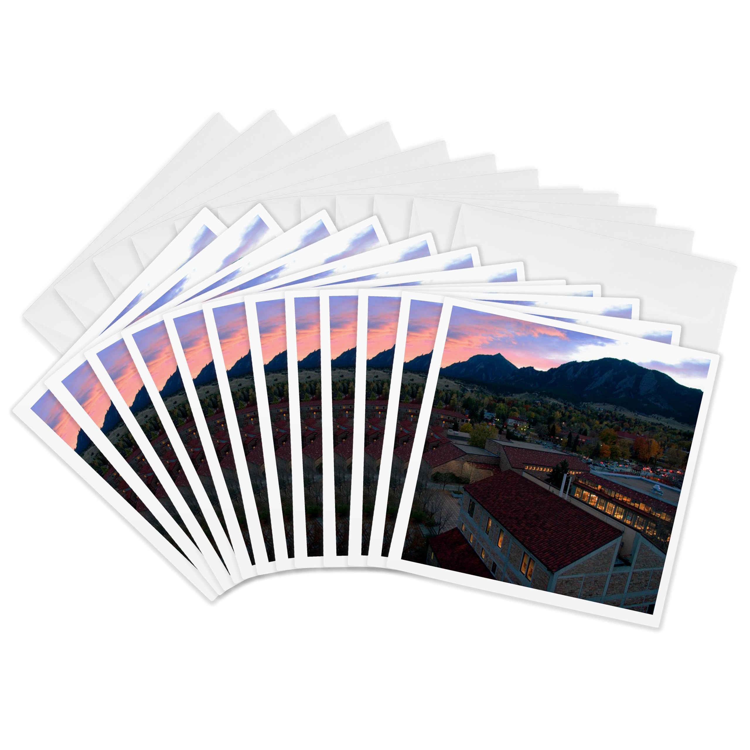 3dRose Greeting Cards - Colorado Boulder Campus and Sunset Over Flatirons - 12 Pack - Colorado
