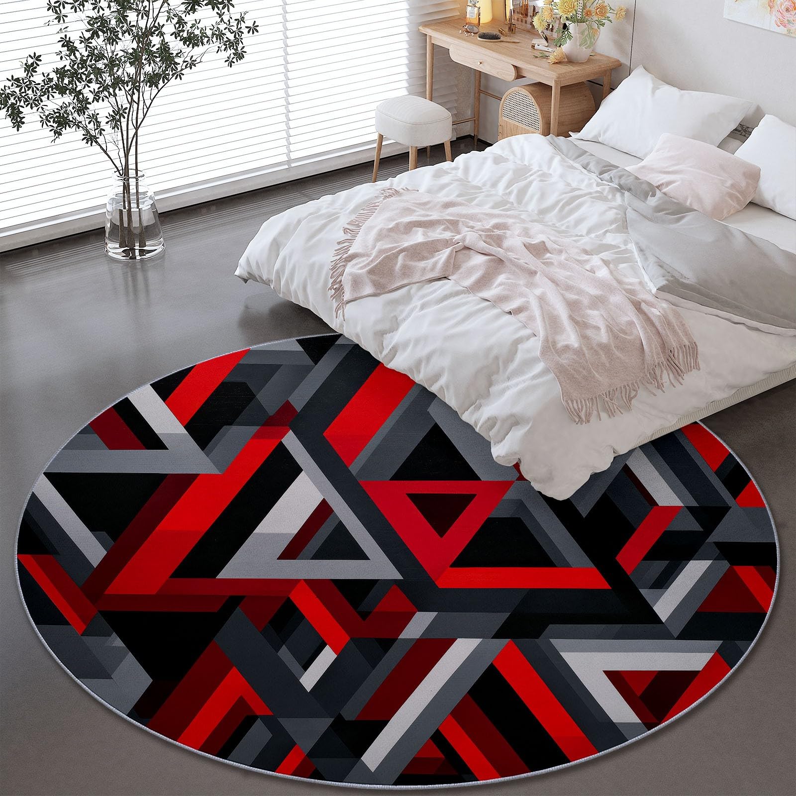 Runder Teppich 160 cm Geometrische Dreiecke - Rot Gräulich-Weiß - Waschbarer Wohnzimmerteppich rutschfest - Weiche Bodenmatte für Kinderzimmer, Esszimmer & Büro - Modernes Design