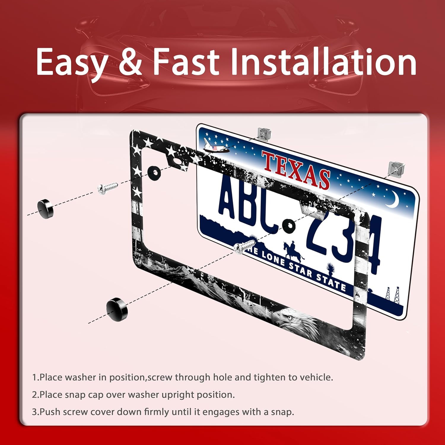 【2pcs】 American Flag Eagle Mountains License Plate Frame Funny License Plate Holder Stainless Steel Accessories Cars Decor with 2 Holes Fits Standard Us Ca Vehicles License Plate Frames 12.2 X 6 Inch