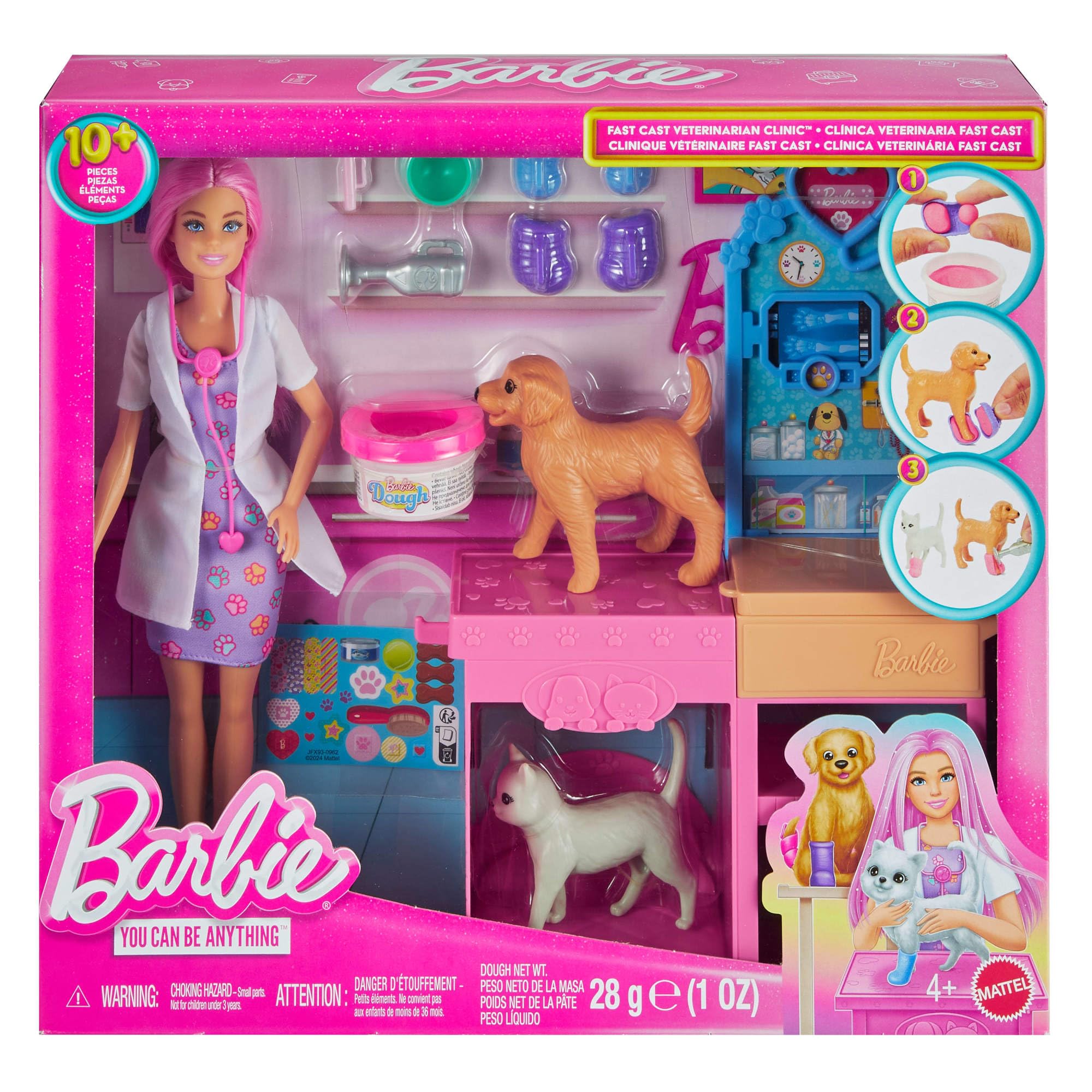 Barbie Coffret La Clinique vétérinaire de Barbie avec poupée aux cheveux roses, mobilier de cabinet vétérinaire et plus de 10 accessoires, JFX93