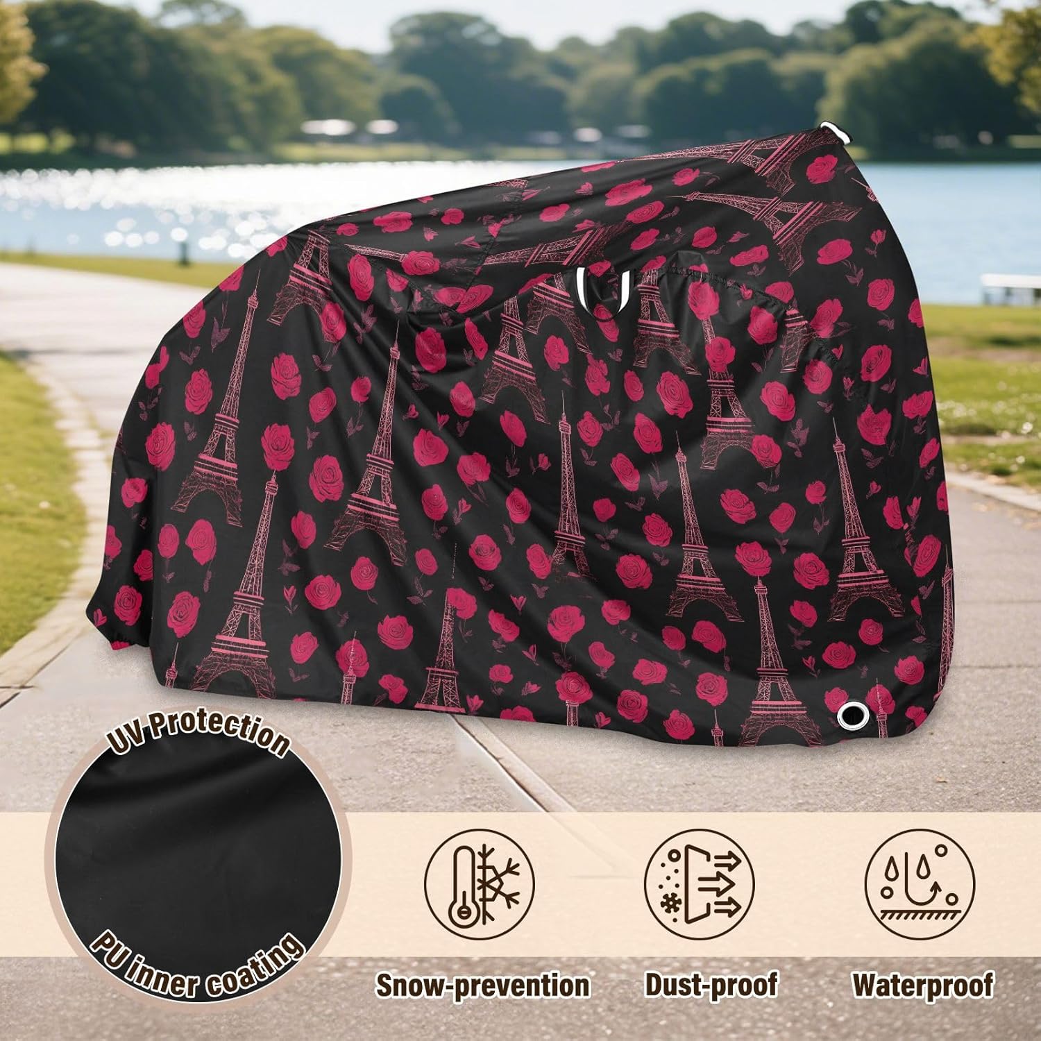 ALAZA Eiffel Tower Red Rose Bike Cover Waterproof Outdoor Ebike Bicycle Covers Tarp Protection for 1/2 Bikes, Sun UV Dust Wind Proof