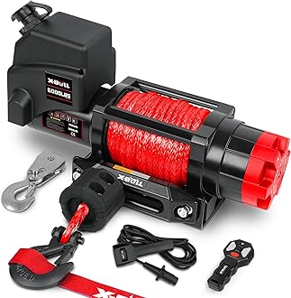 X-BULL Winch 12v 6000lbs Boat Trailer Winch with Remote Synthetic Rope 1/4 in x 55 ft Hook Wireless Remote Handlebar Switch, Automatic Braking, Waterproof, for ATV UTV Powersports Off Road