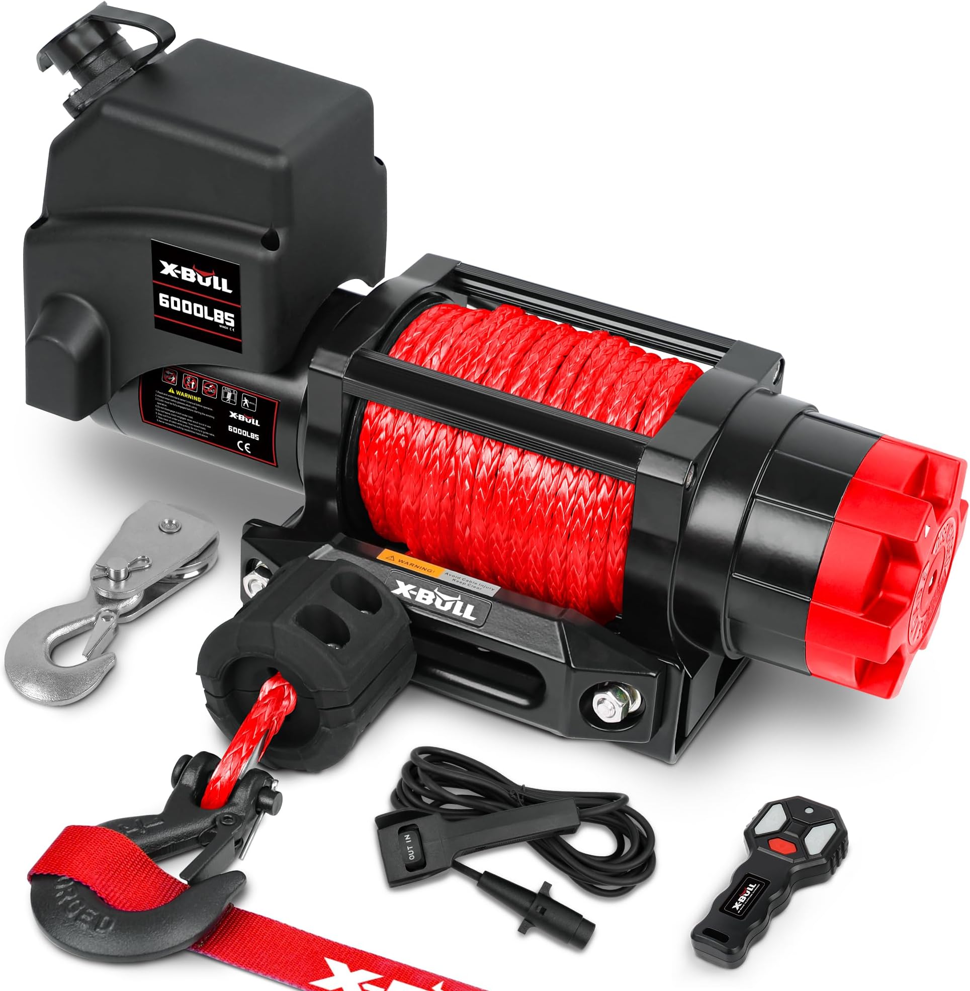 Winch 12v 6000lbs Boat Trailer Winch with Remote Synthetic Rope 1/4 in x 55 ft Hook Wireless Remote Handlebar Switch, Automatic Braking, Waterproof, for ATV UTV Powersports Off Road