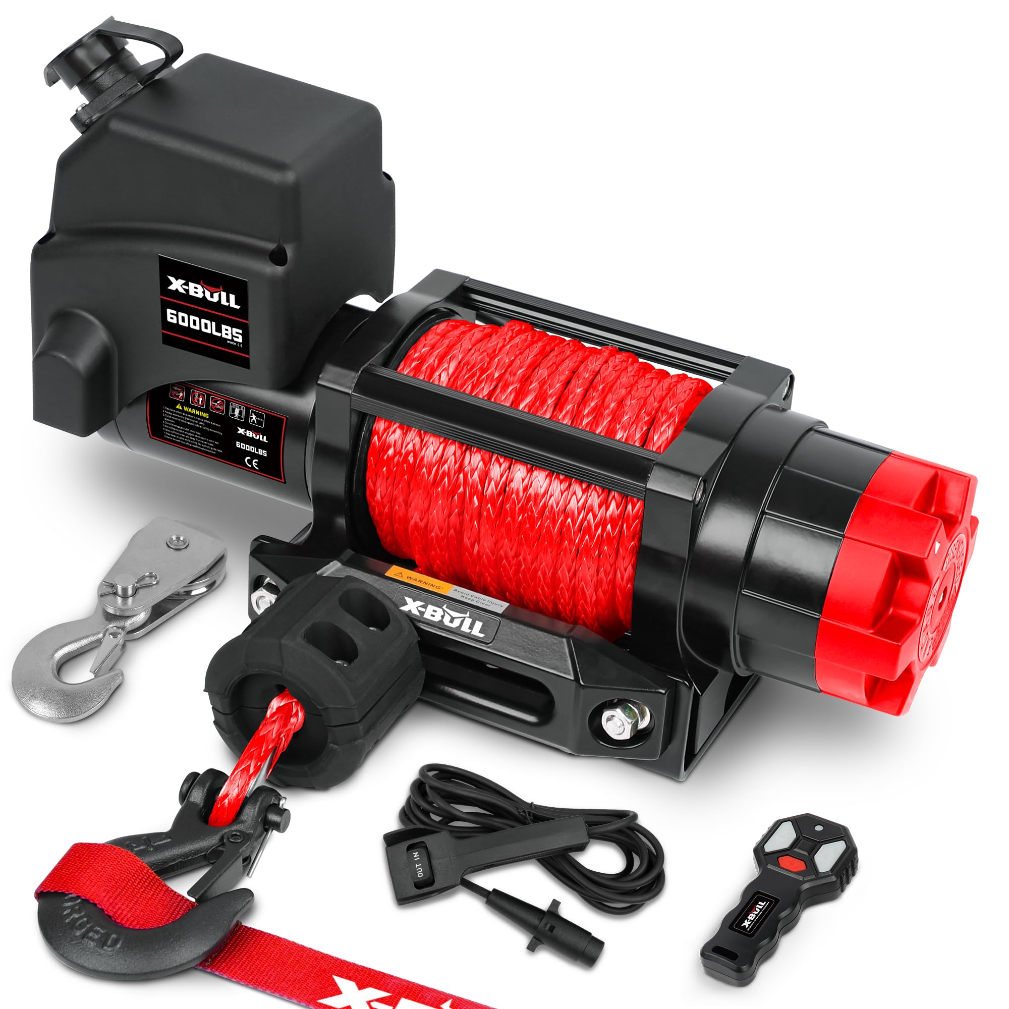 X-BULL Winch 12v 6000lbs Boat Trailer Winch with Remote Synthetic Rope 1/4 in x 55 ft Hook Wireless Remote Handlebar Switch, Automatic Braking, Waterproof, for ATV UTV Powersports Off Road