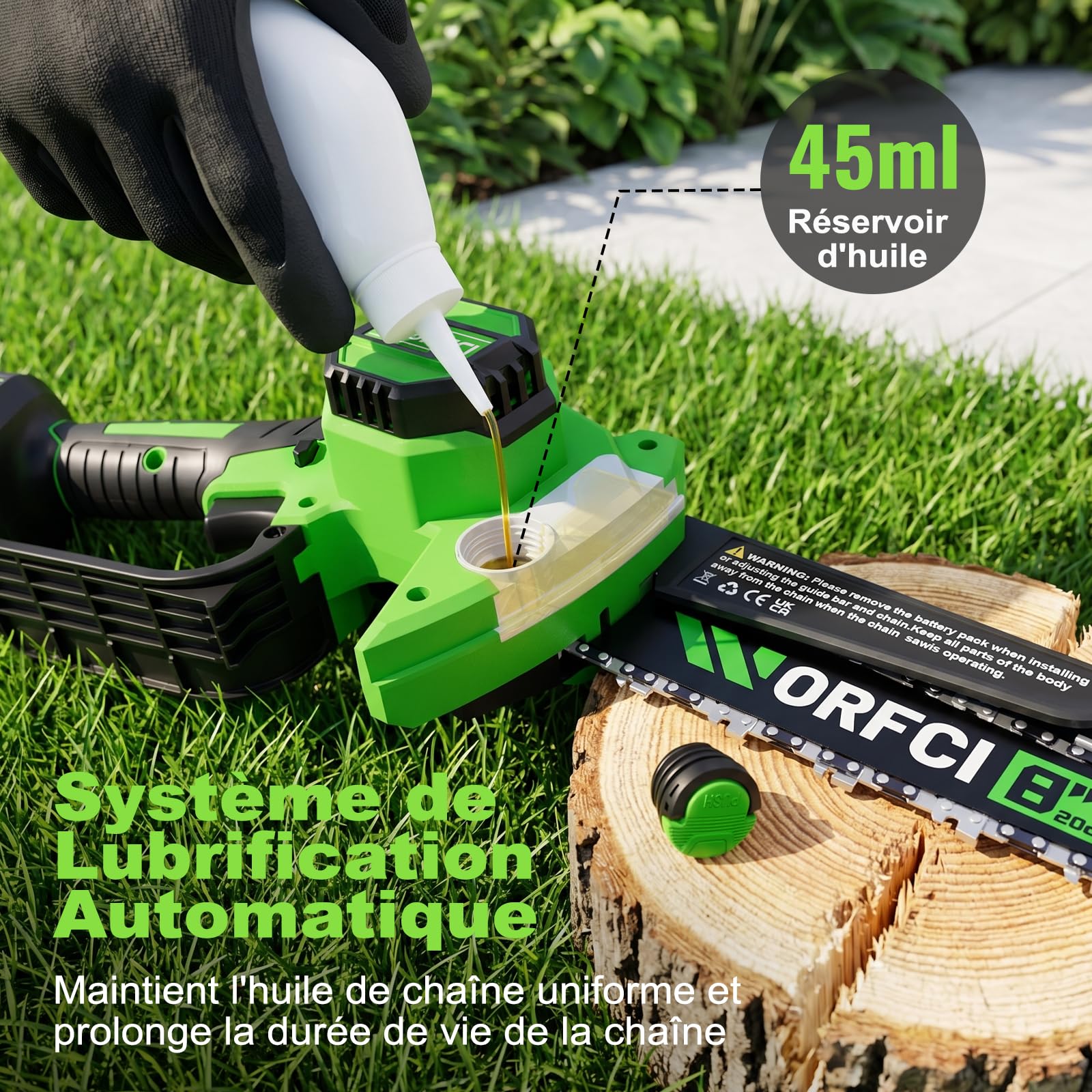 8 Pouces Mini Tronçonneuse Sans Balai Sans Fil, 2×3000mAh Batteries, Lubrification Automatique, Outil Jardinage Idéal pour Élagage Bois et Arbres