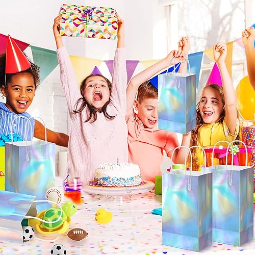 Miniatura 6 de Estune 60 bolsas de regalo iridiscentes con asa, holográficas, recuerdos de fiesta de 8.3 x 5 x 3.2 pulgadas, bolsa de papel de aluminio con
