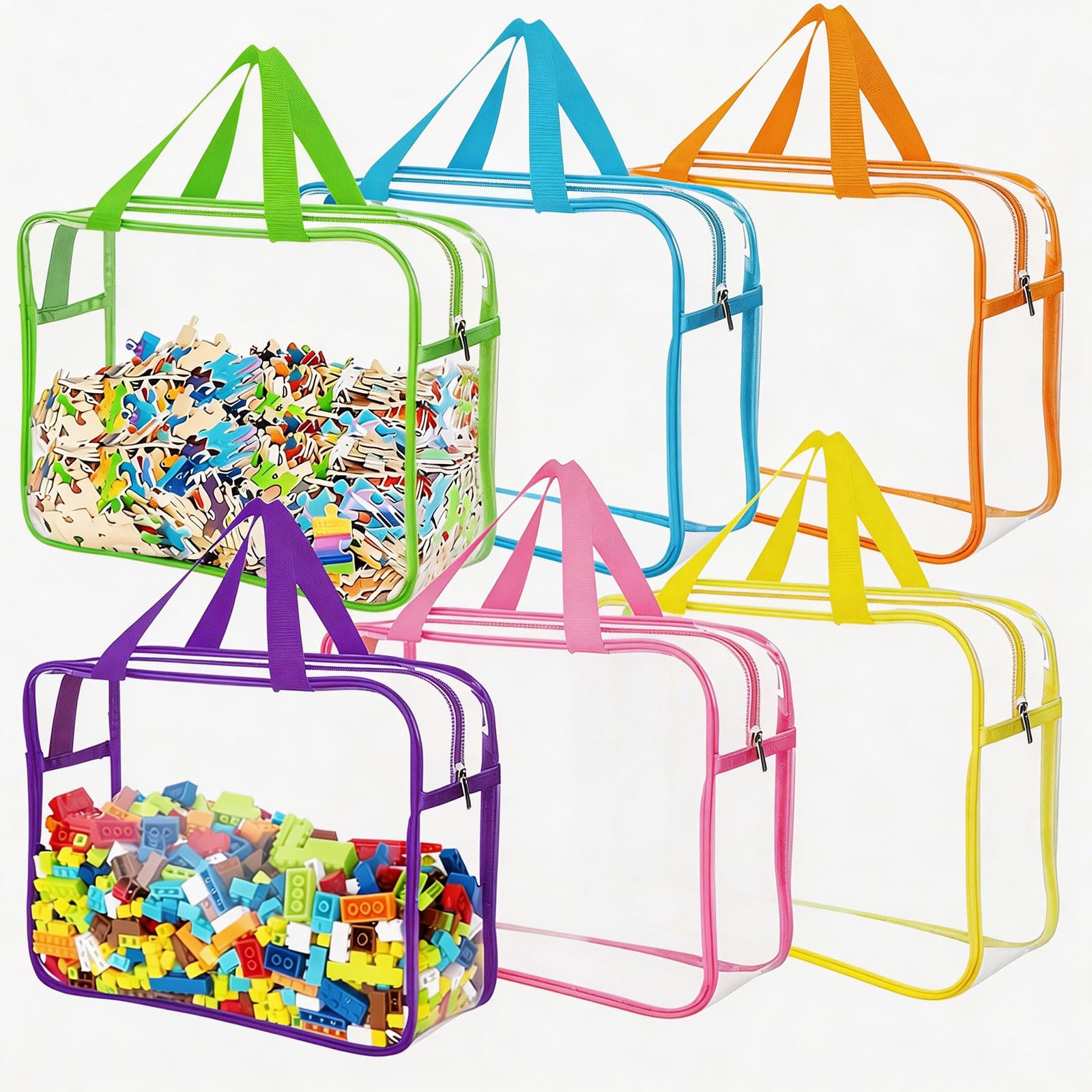 Houbobo 6 Pack Toy Storage Bags With Zipper, Reusable Clear Pvc Toy Organizer With Labels, Travel Waterproof Organizer Bags For Board Game, Building Blocks, Kids Books, Puzzles Storage
